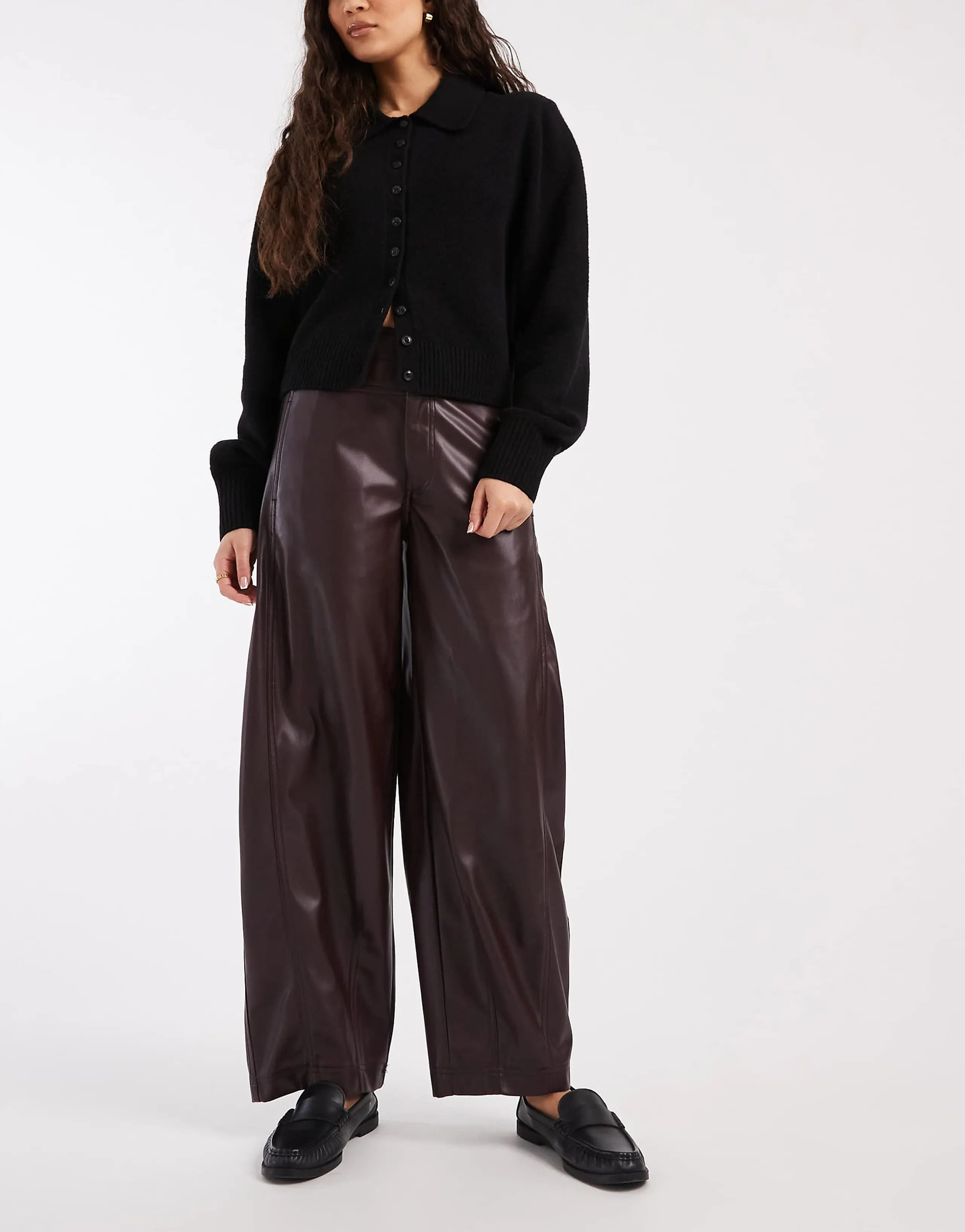 ASOS DESIGN faux leather barrel leg pants with seam detailing in plum