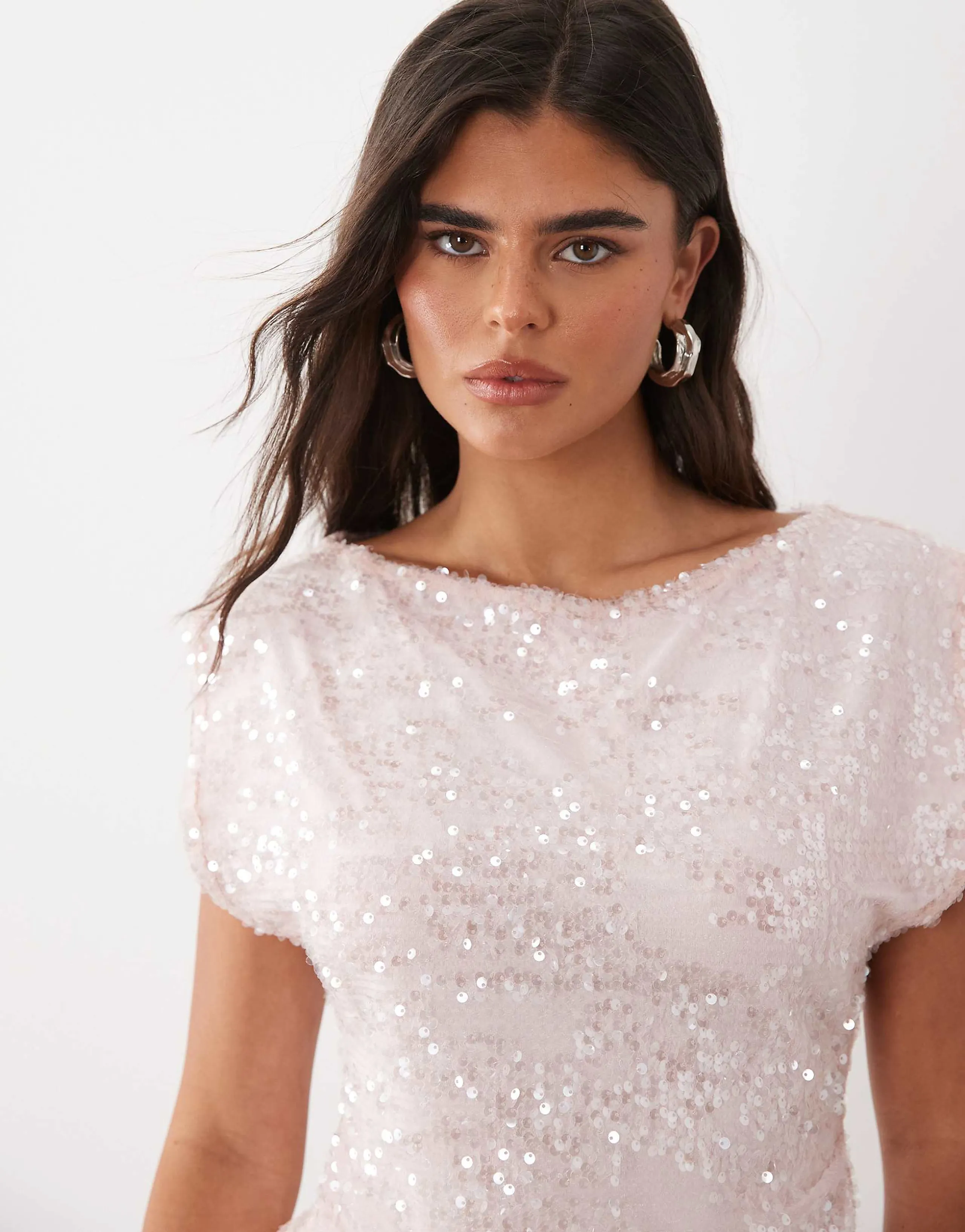 ASOS DESIGN sheer sequin slash neck top in pink
