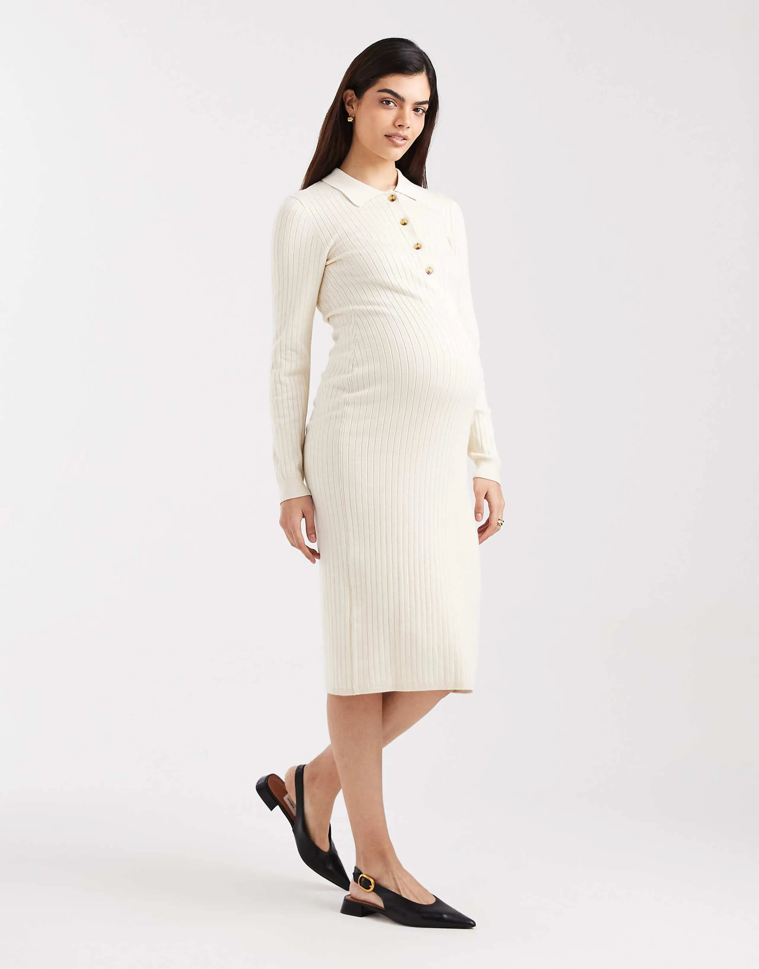 Mamalicious Maternity long sleeve 2 function nursing ribbed button front midi dress in cream