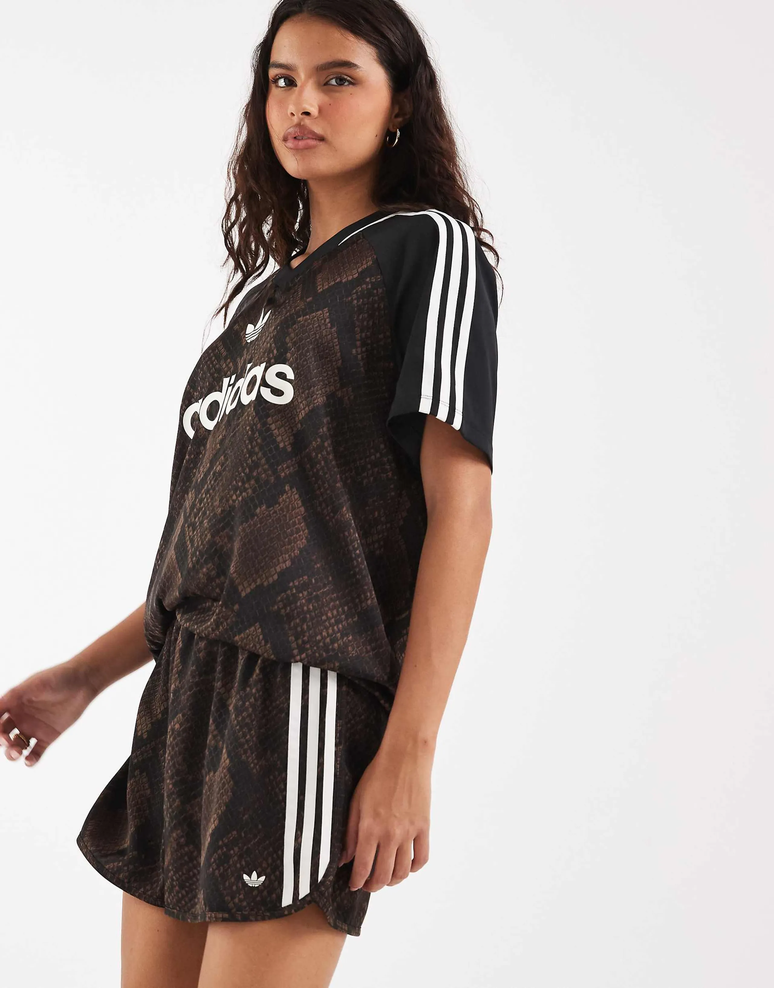 adidas Originals snake print satin shorts in dark brown