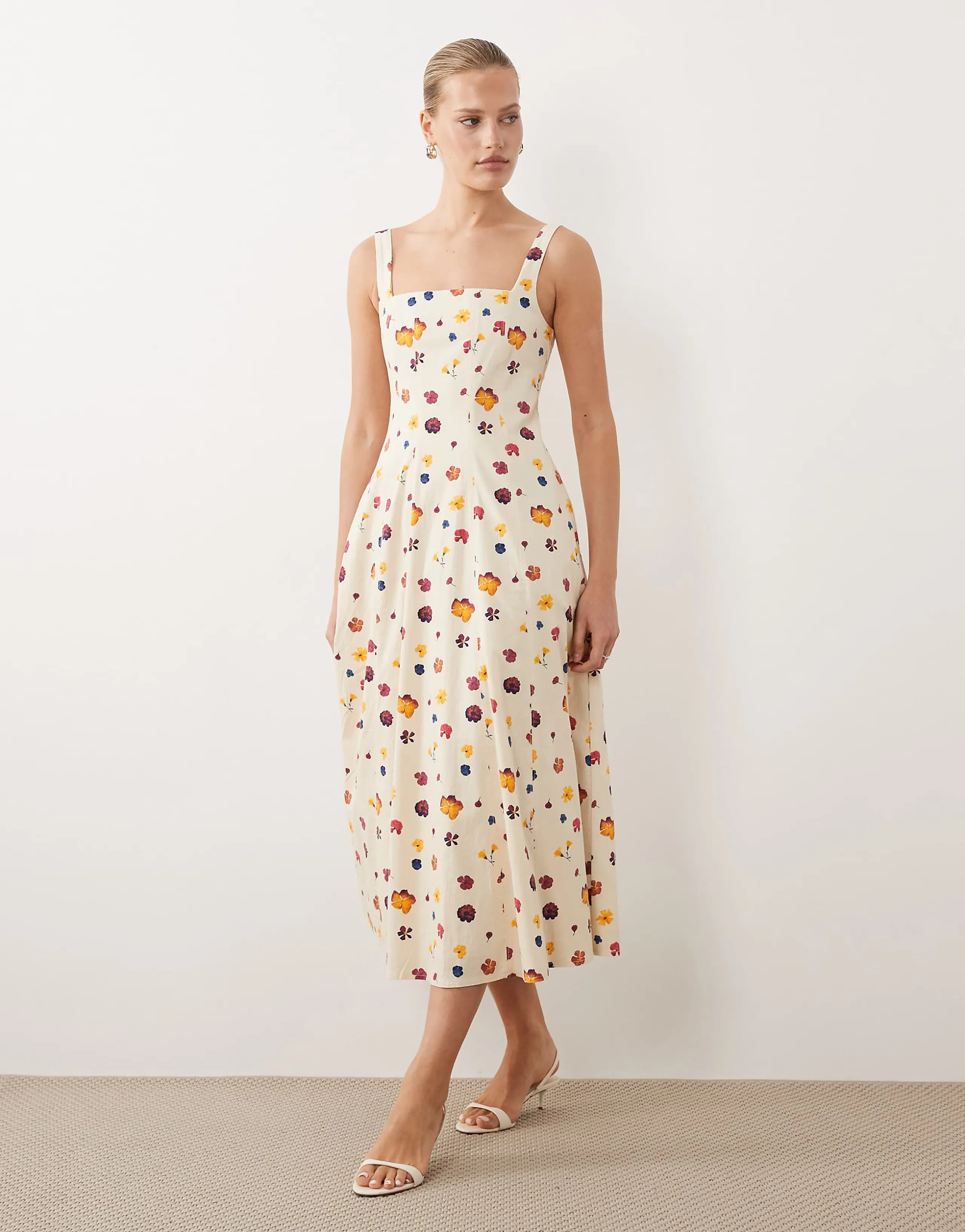 Abercrombie & Fitch sleeveless midi dress with godet hem in cream floral