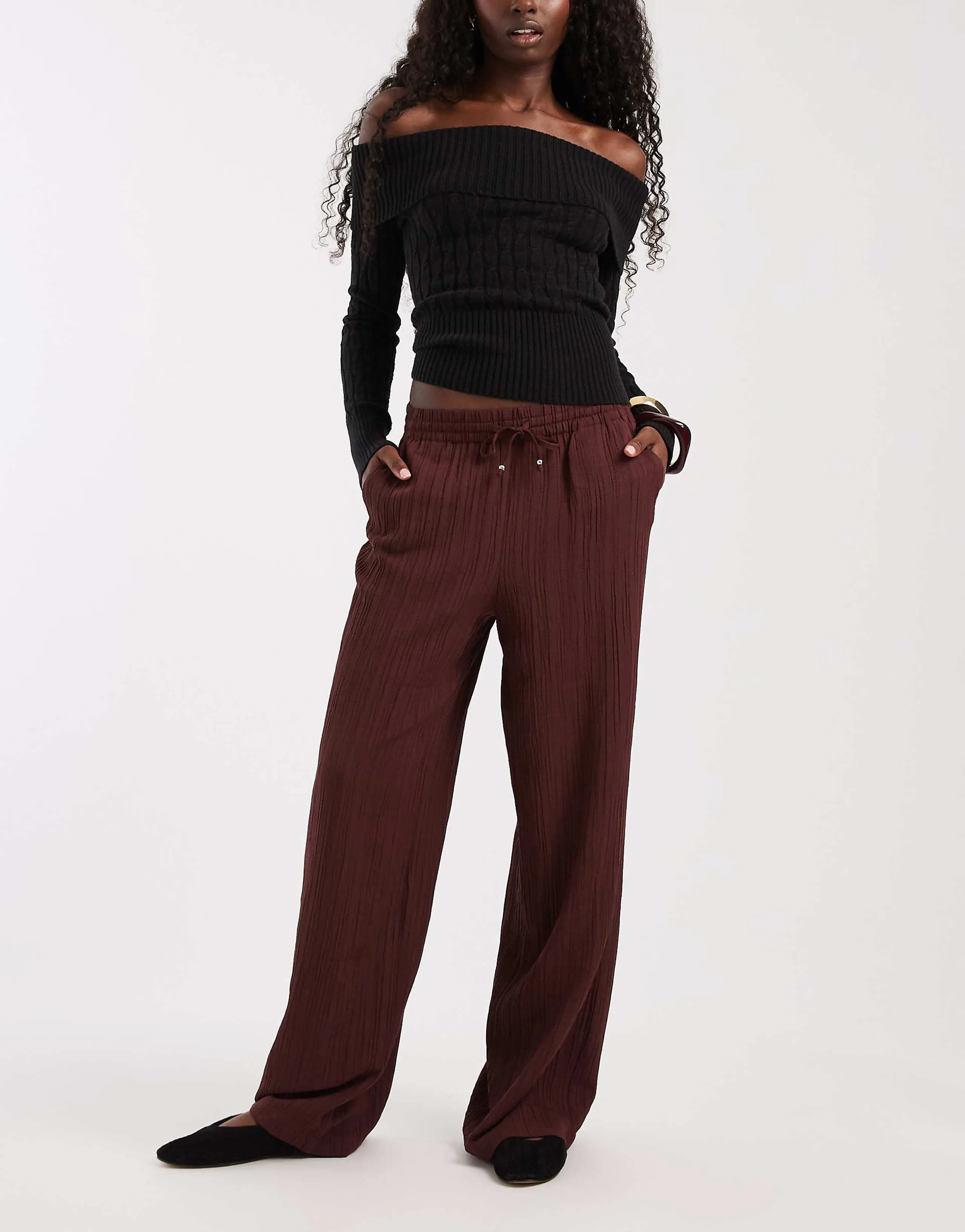 ONLY wide leg crinkle textured pants in chocolate brown