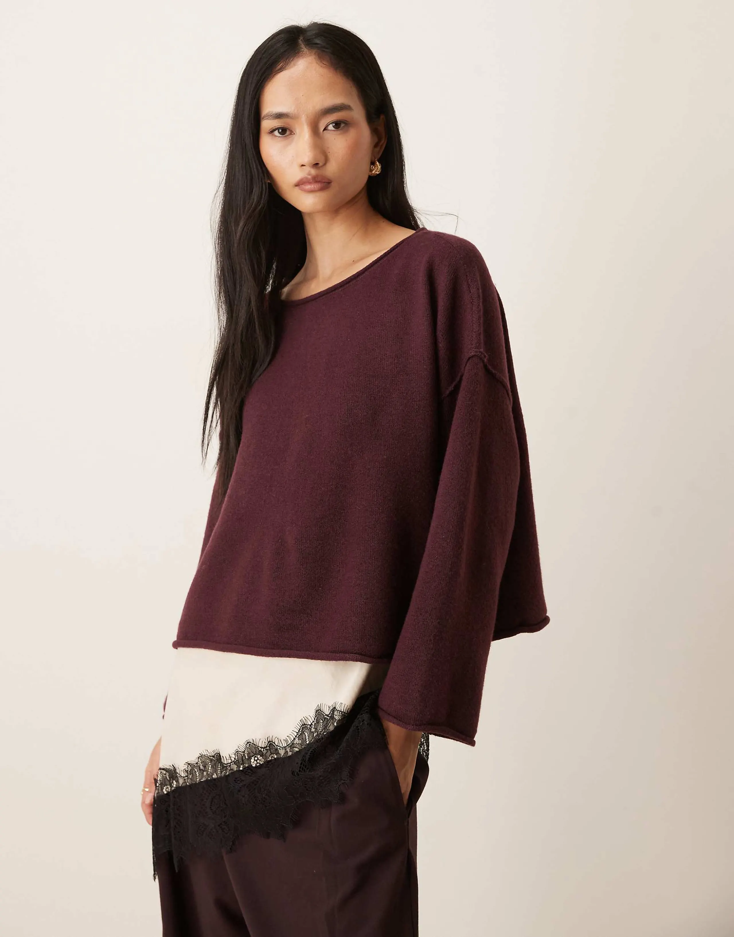 JDY boat neck knit sweater in burgundy