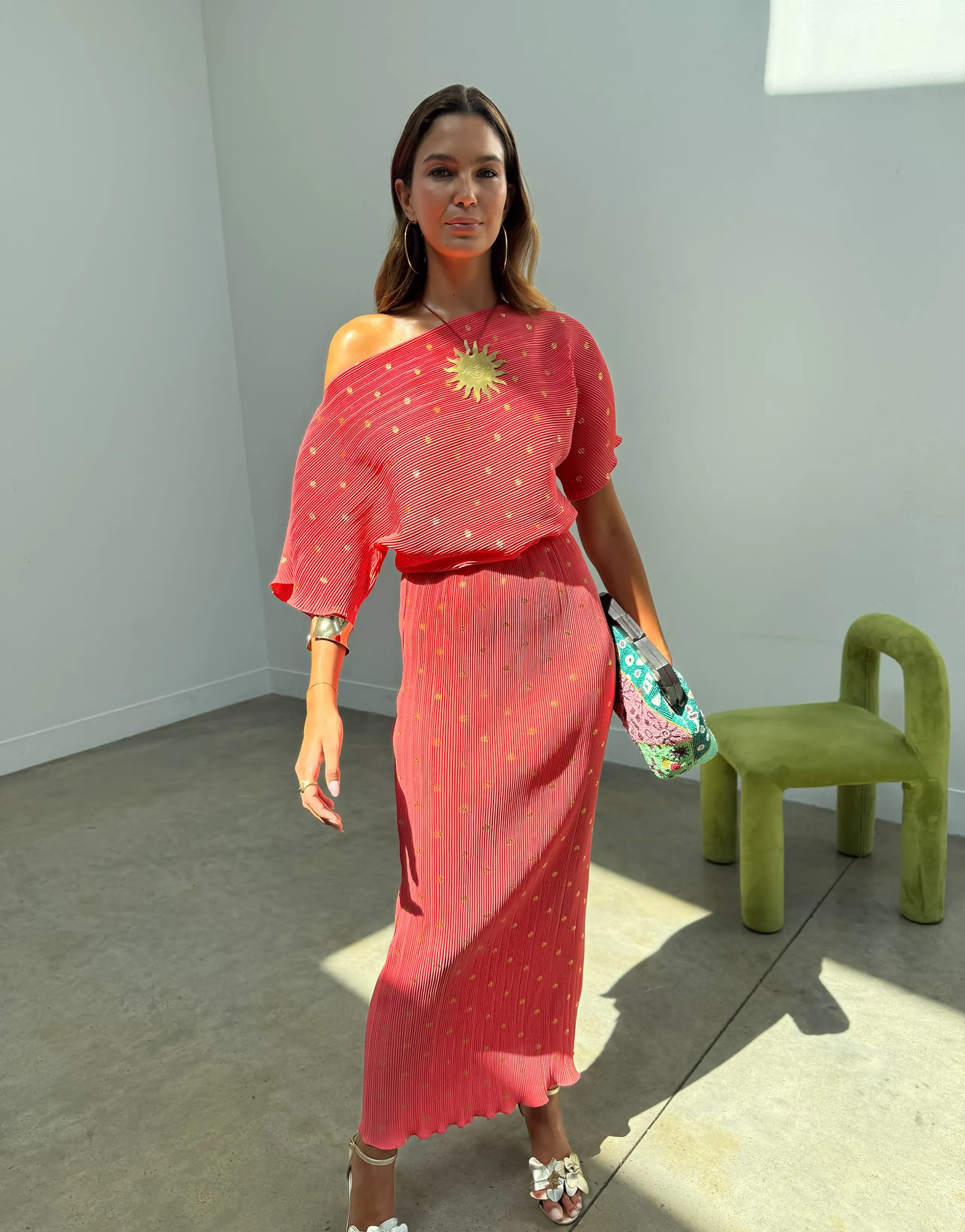 Never Fully Dressed Tilly off the shoulder plissé midaxi dress in metalic coral polka dots
