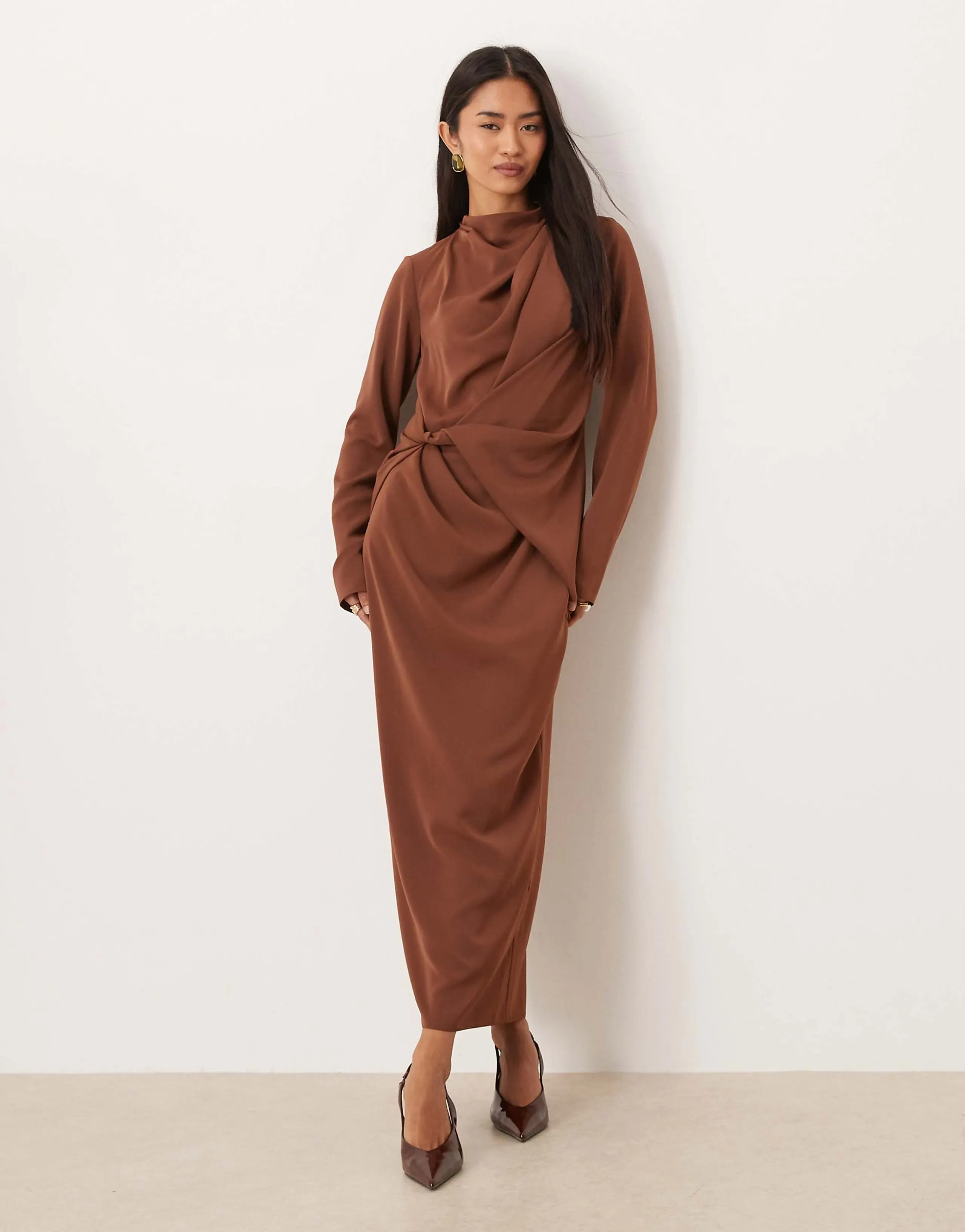 ASOS DESIGN high neck draped slinky maxi dress in chocolate