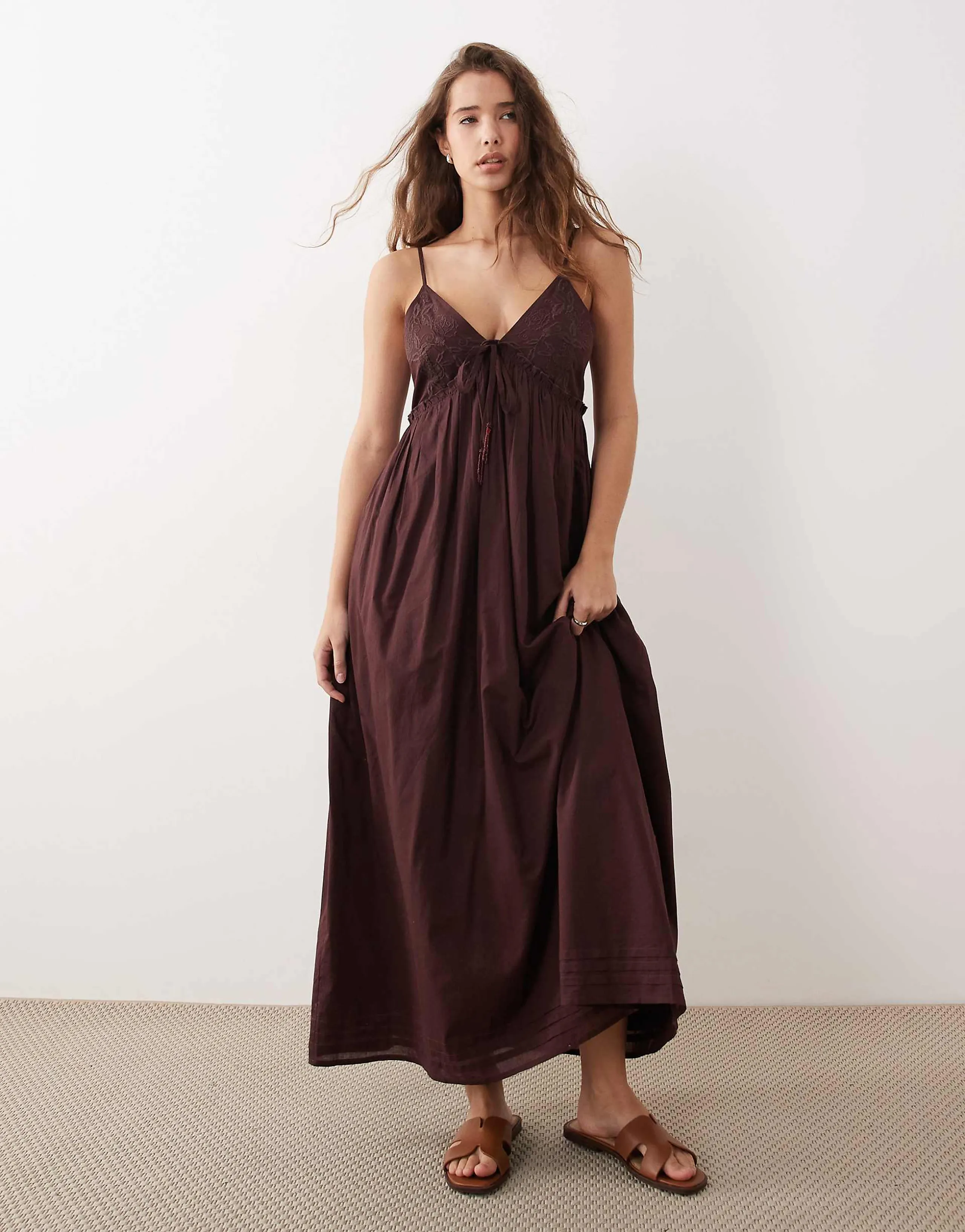 Miss Selfridge embroidered detail cami maxi dress in chocolate