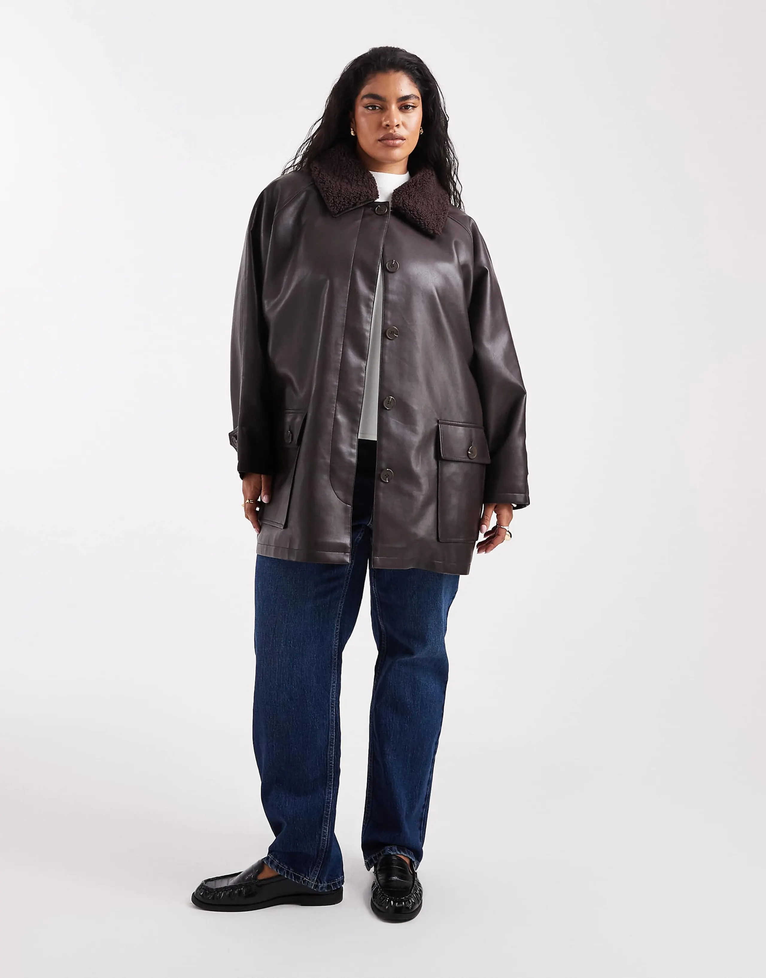 ASOS DESIGN Curve leather look jacket with borg collar and cinch waist in chocolate 