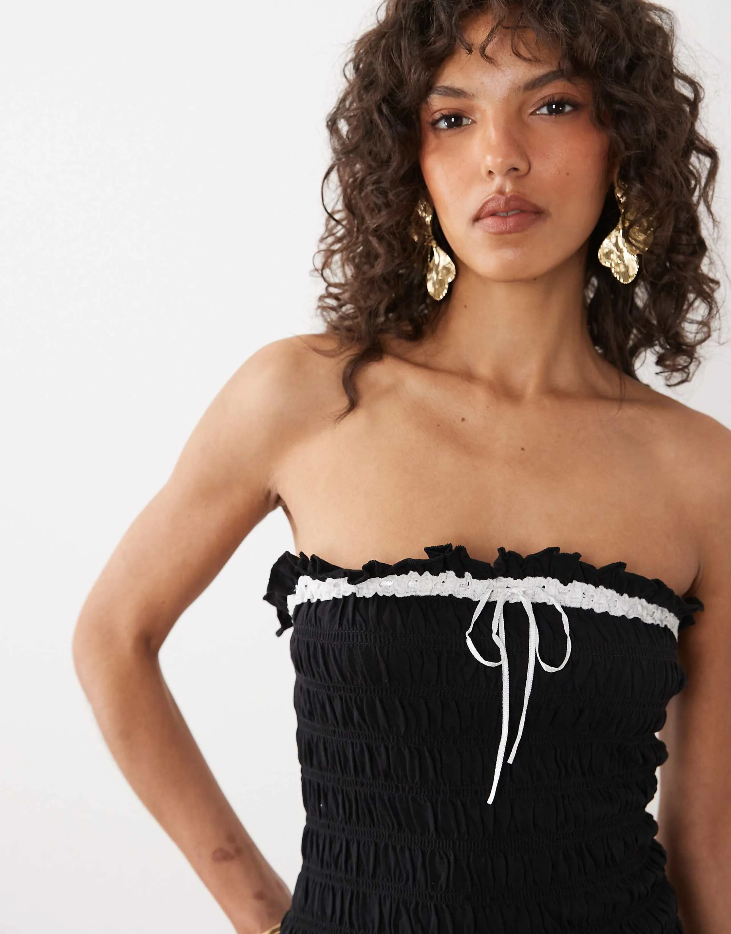 Nobody's Child cotton shirred bodice bandeau top with contrast detailing in black