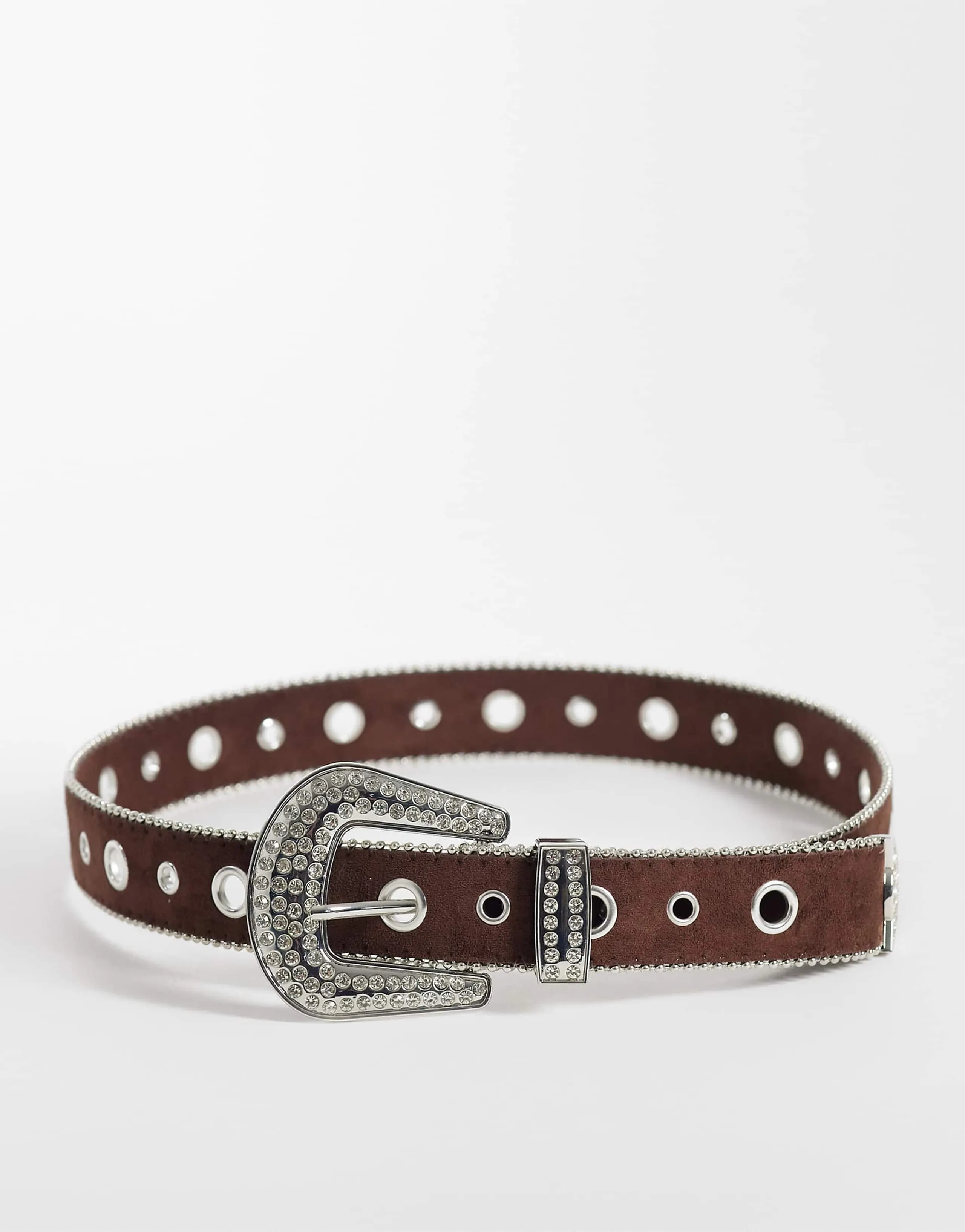 ASOS DESIGN western faux suede belt with rhinestone buckle in brown