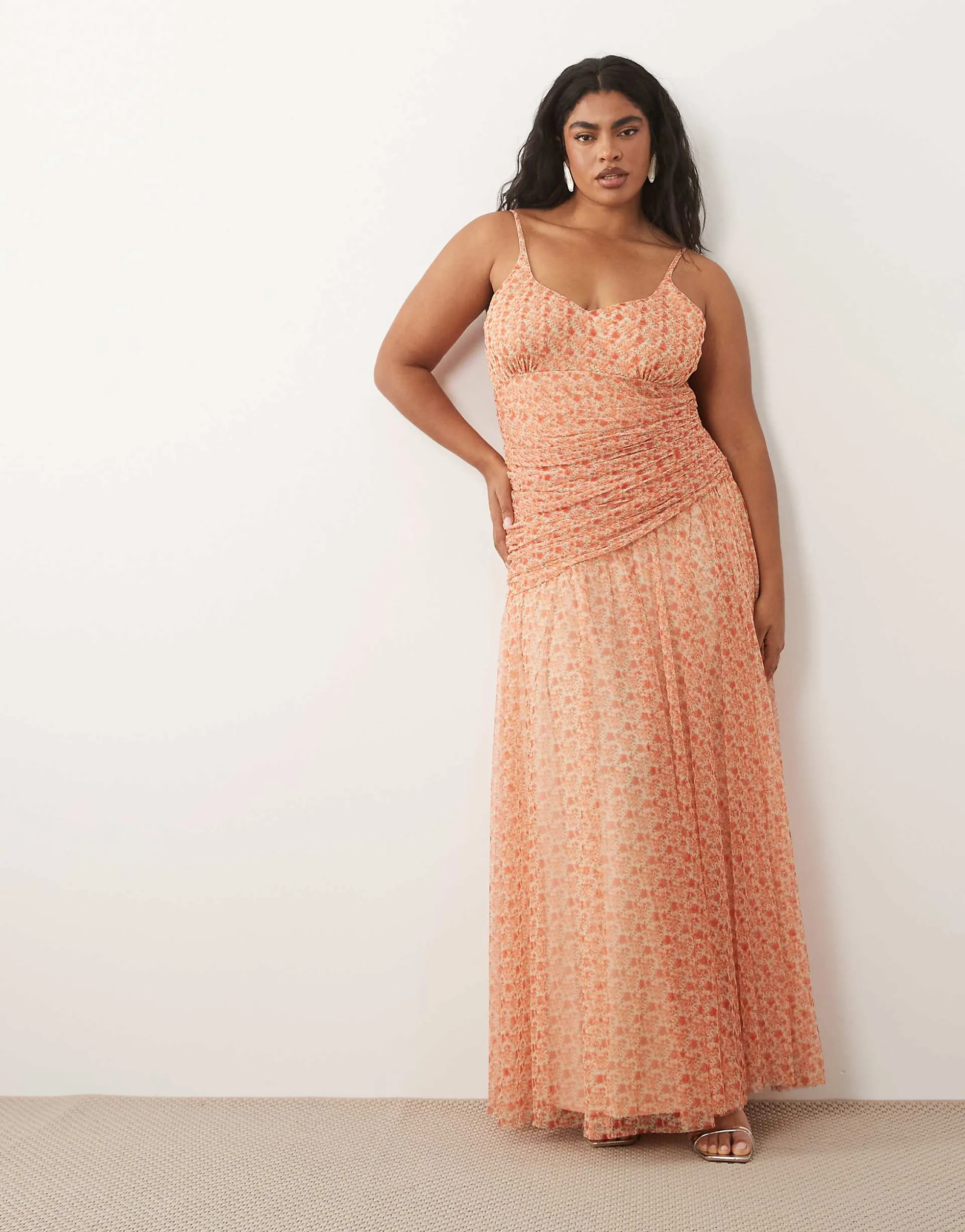 Lace & Beads Plus cami ruched asymmetric bodice maxi dress in orange ditsy floral