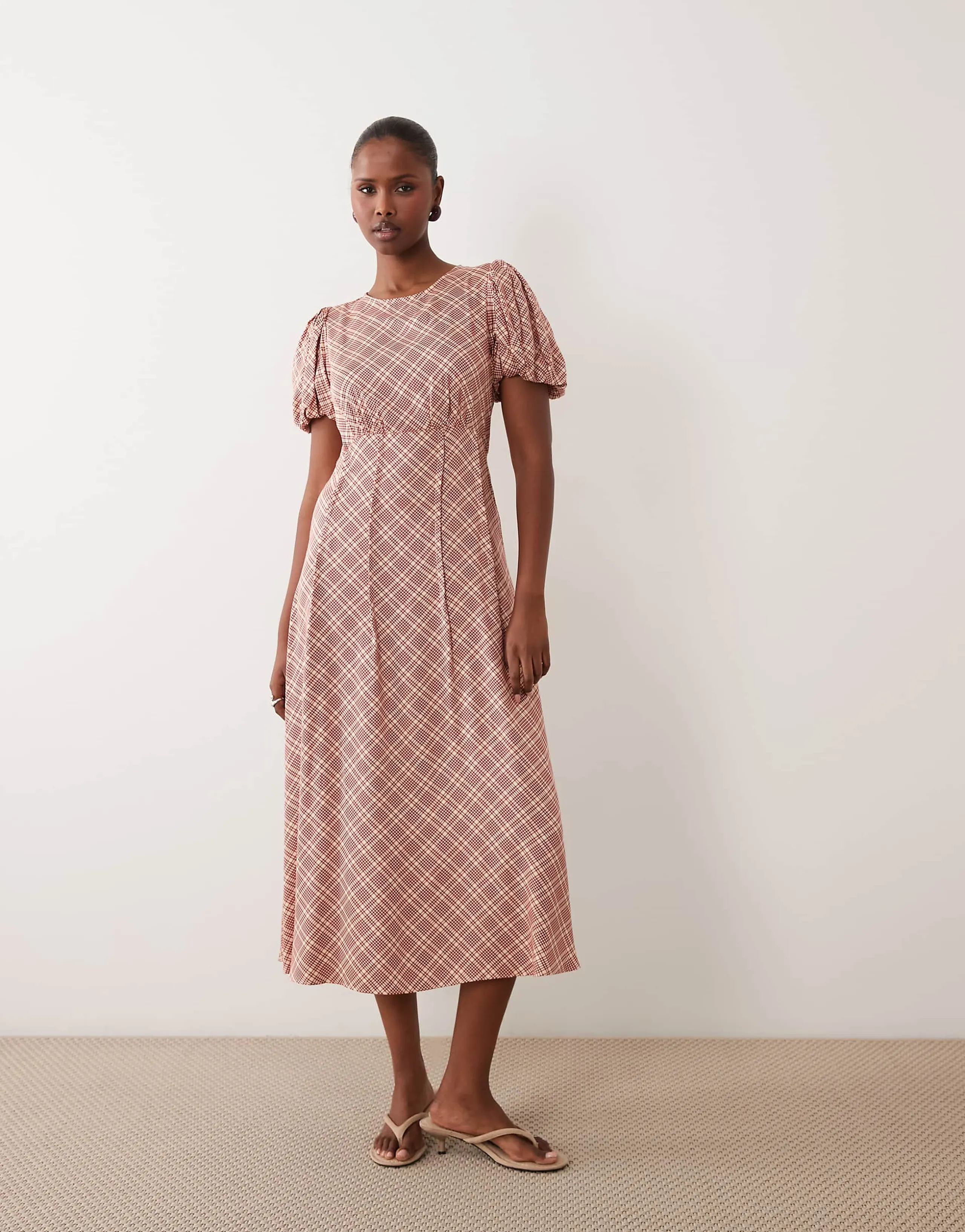 Nobody's Child Quinn satin puff sleeve midi tea dress in red plaid