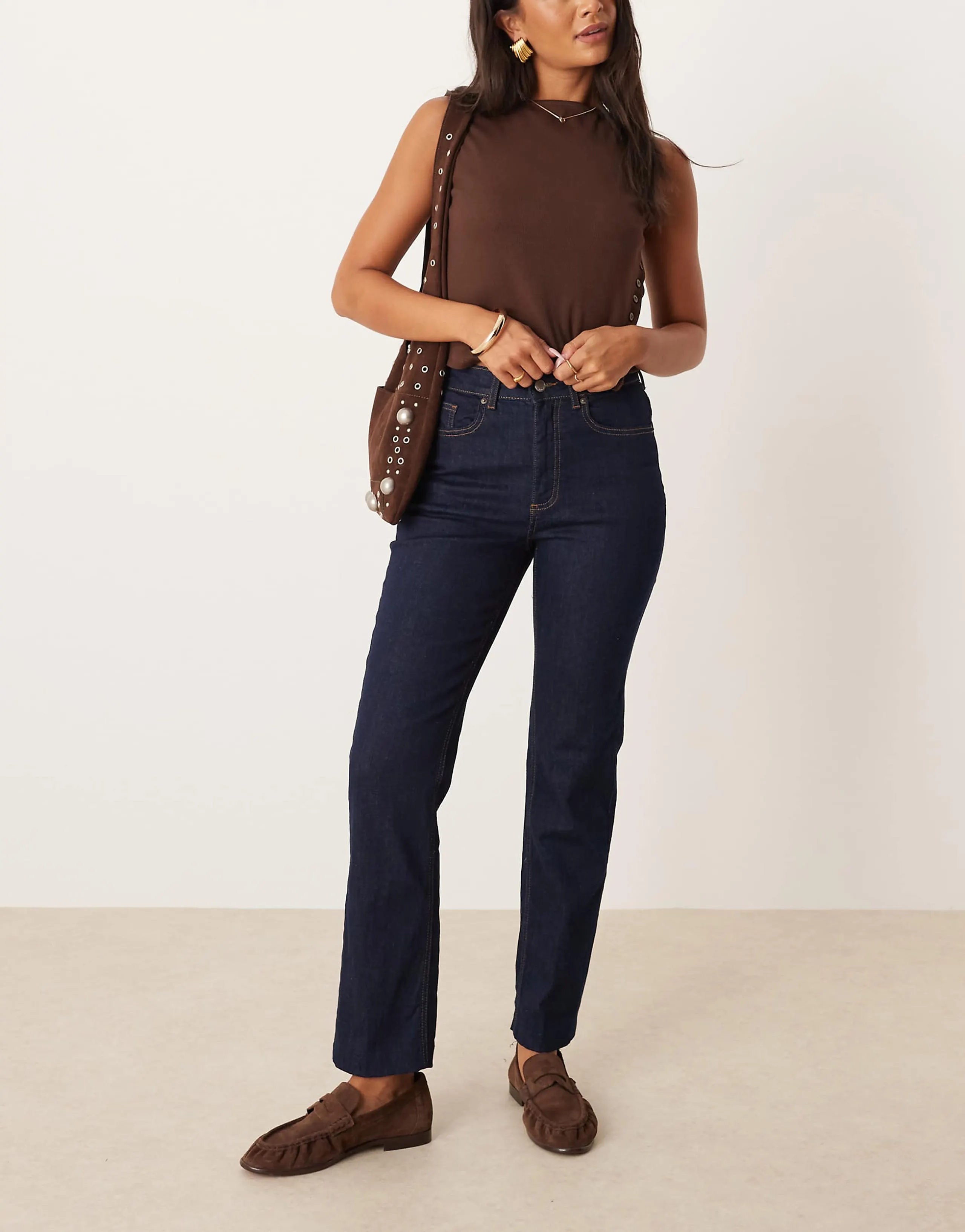 AWARE Alice high waist stretch straight leg jeans in dark blue rinse
