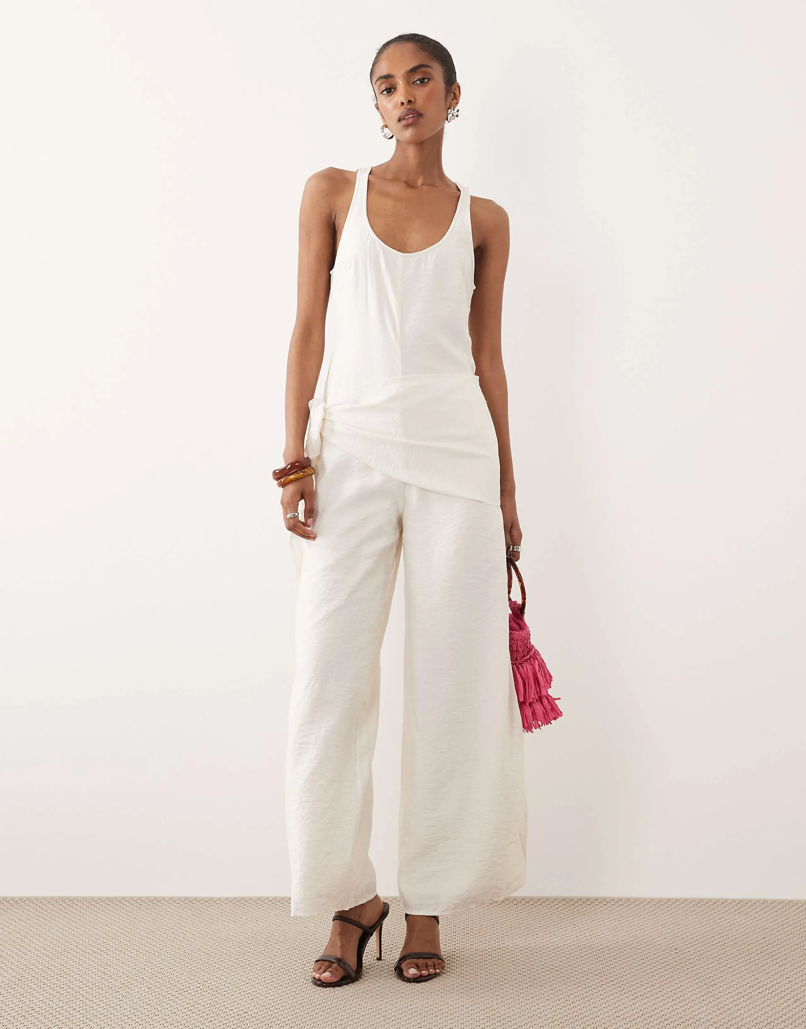 ASOS DESIGN satin crinkle jumpsuit with scarf waist detail in cream
