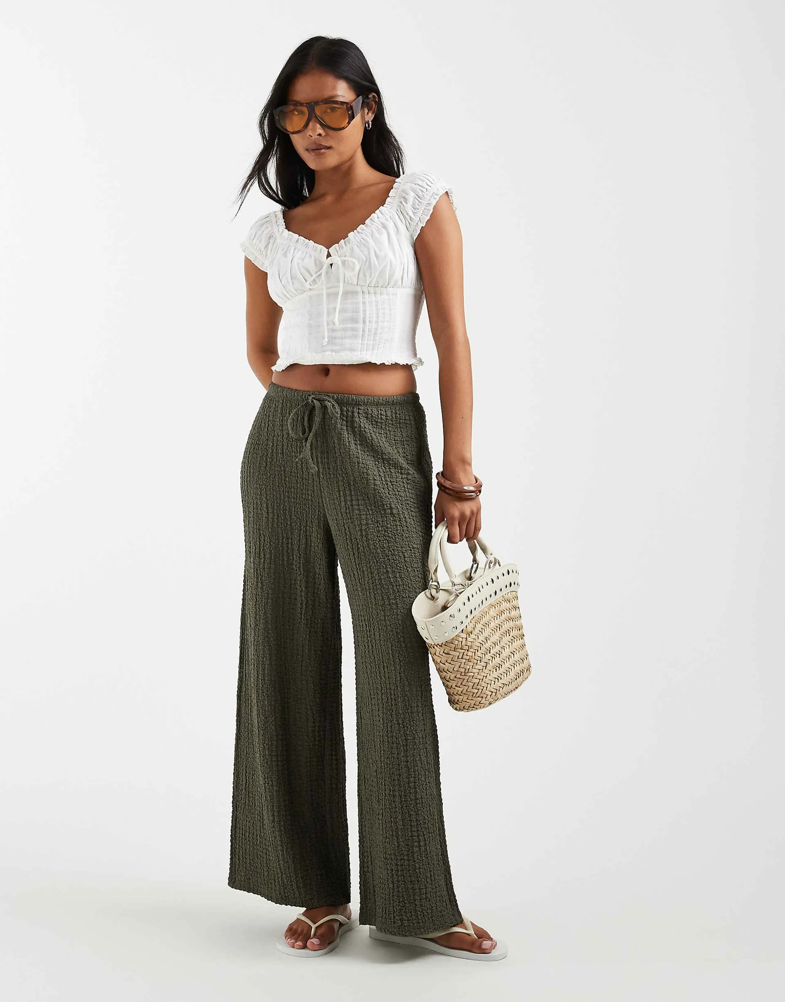 ONLY Petite high waist crinkle pants trousers in olive green