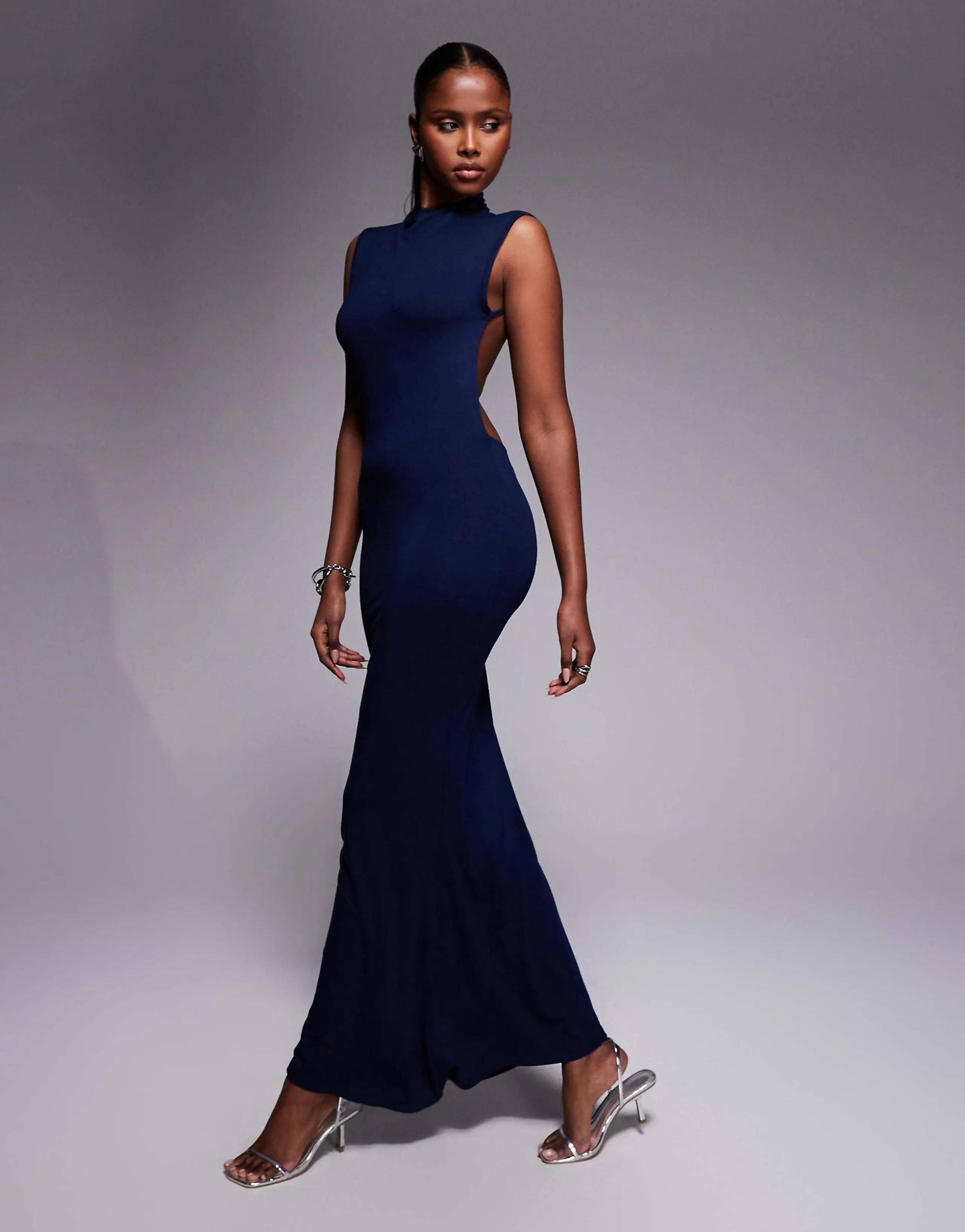 ASOS DESIGN high neck slash shoulder maxi dress with open back in navy