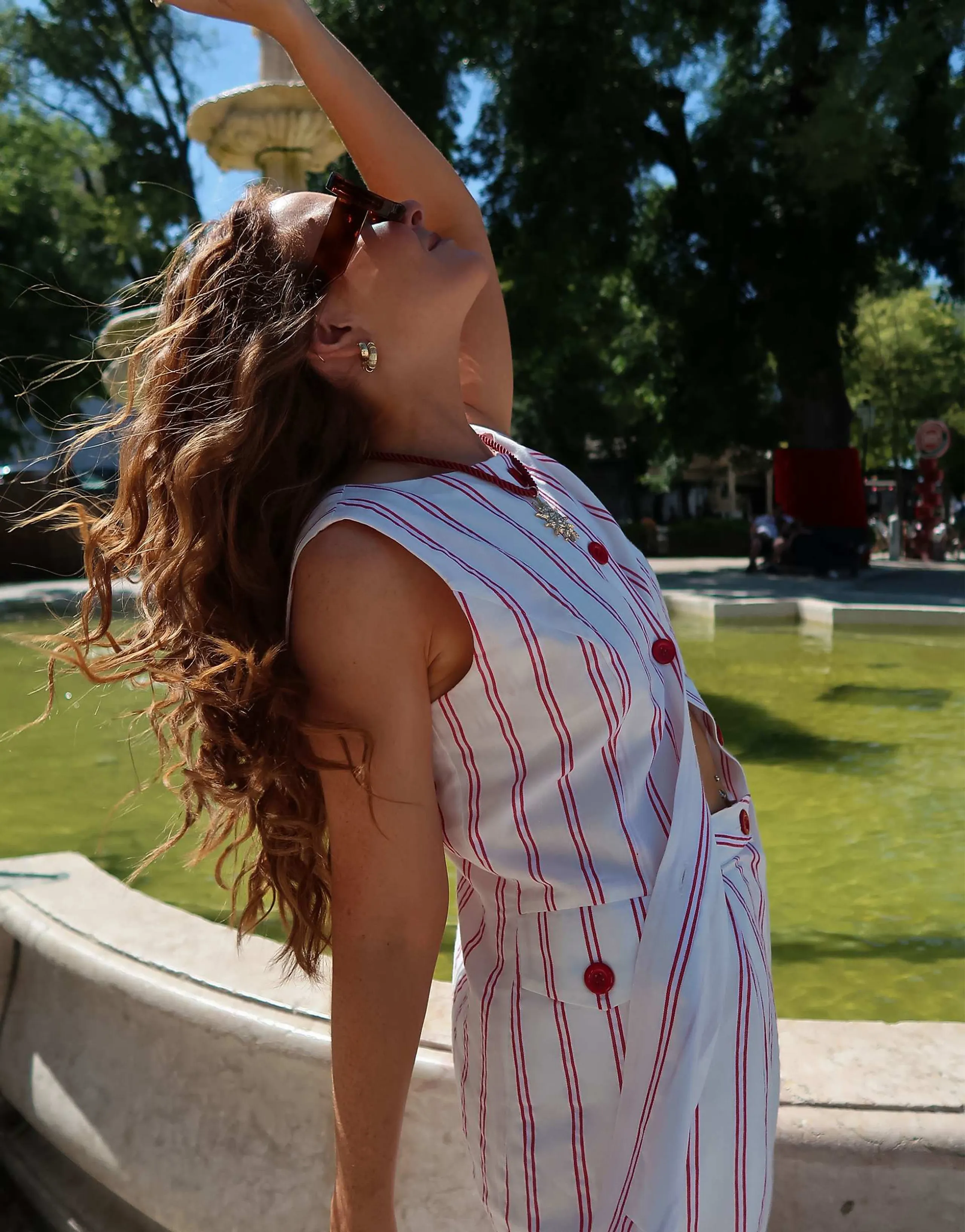 Labelrail x Rebecca Olivia button up striped twill vest top in red and cream - part of a set