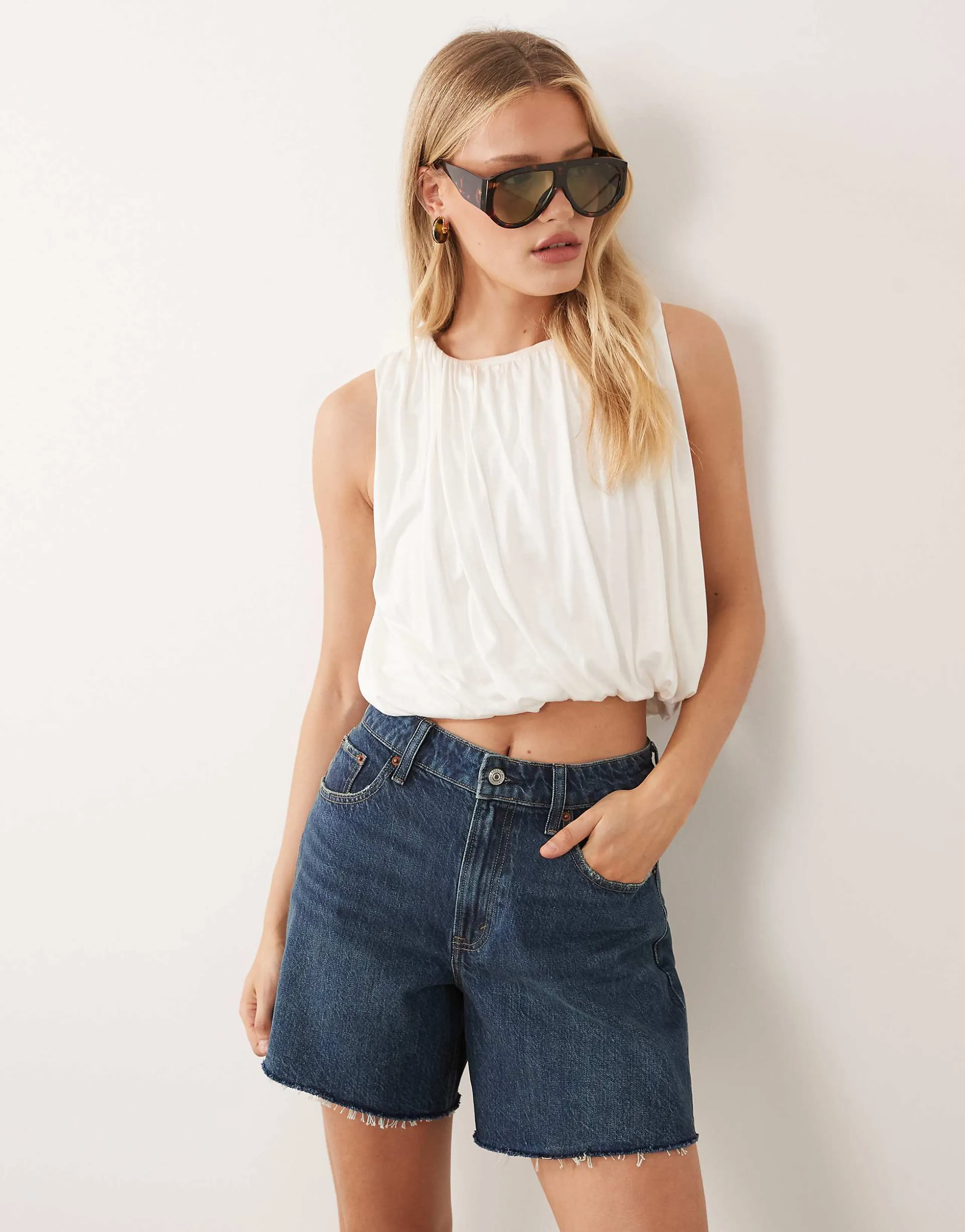 Abercrombie & Fitch Curve Love loose denim short with frayed hem in dark blue wash