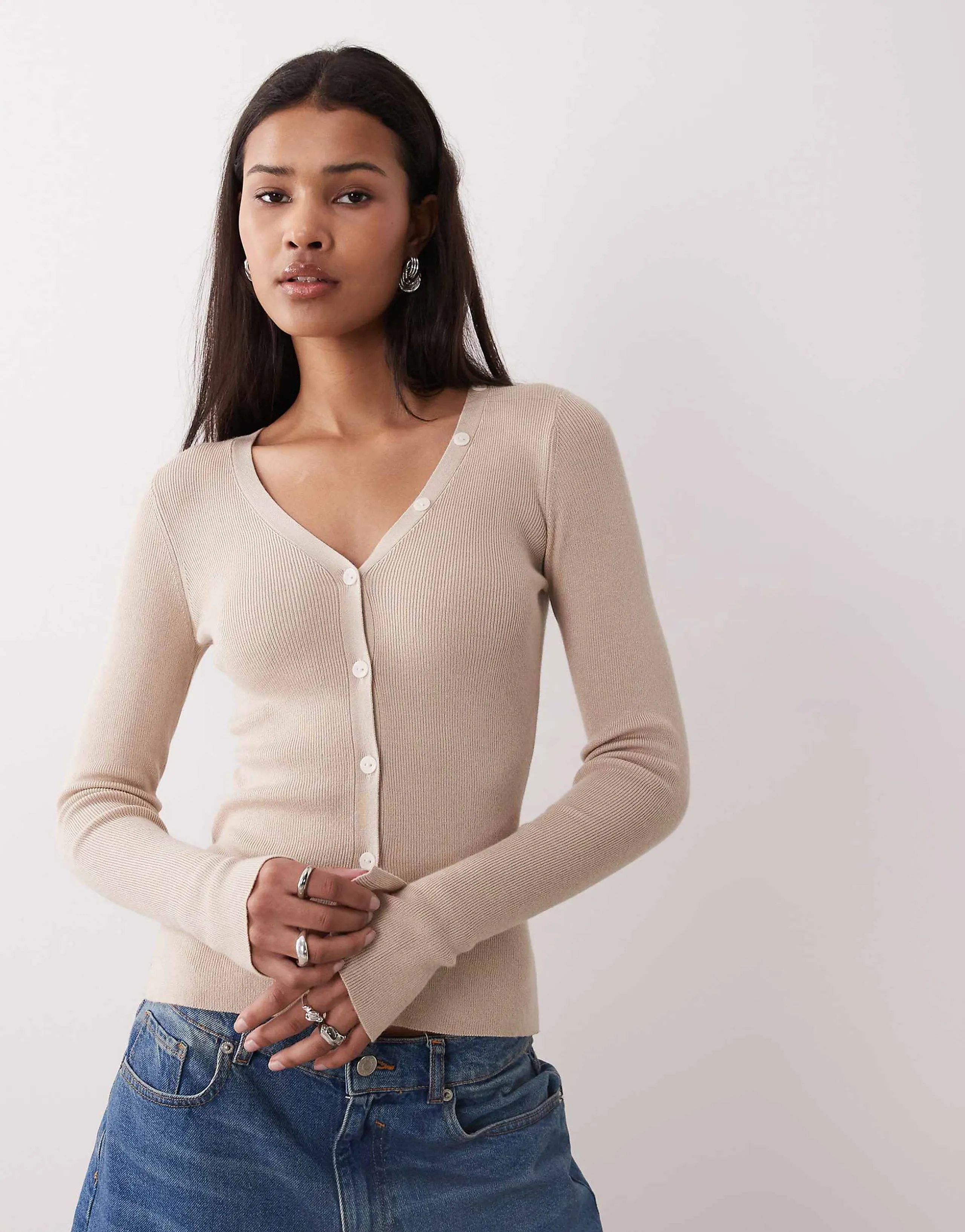 Gina Tricot knit v neck cardigan in neutral beige