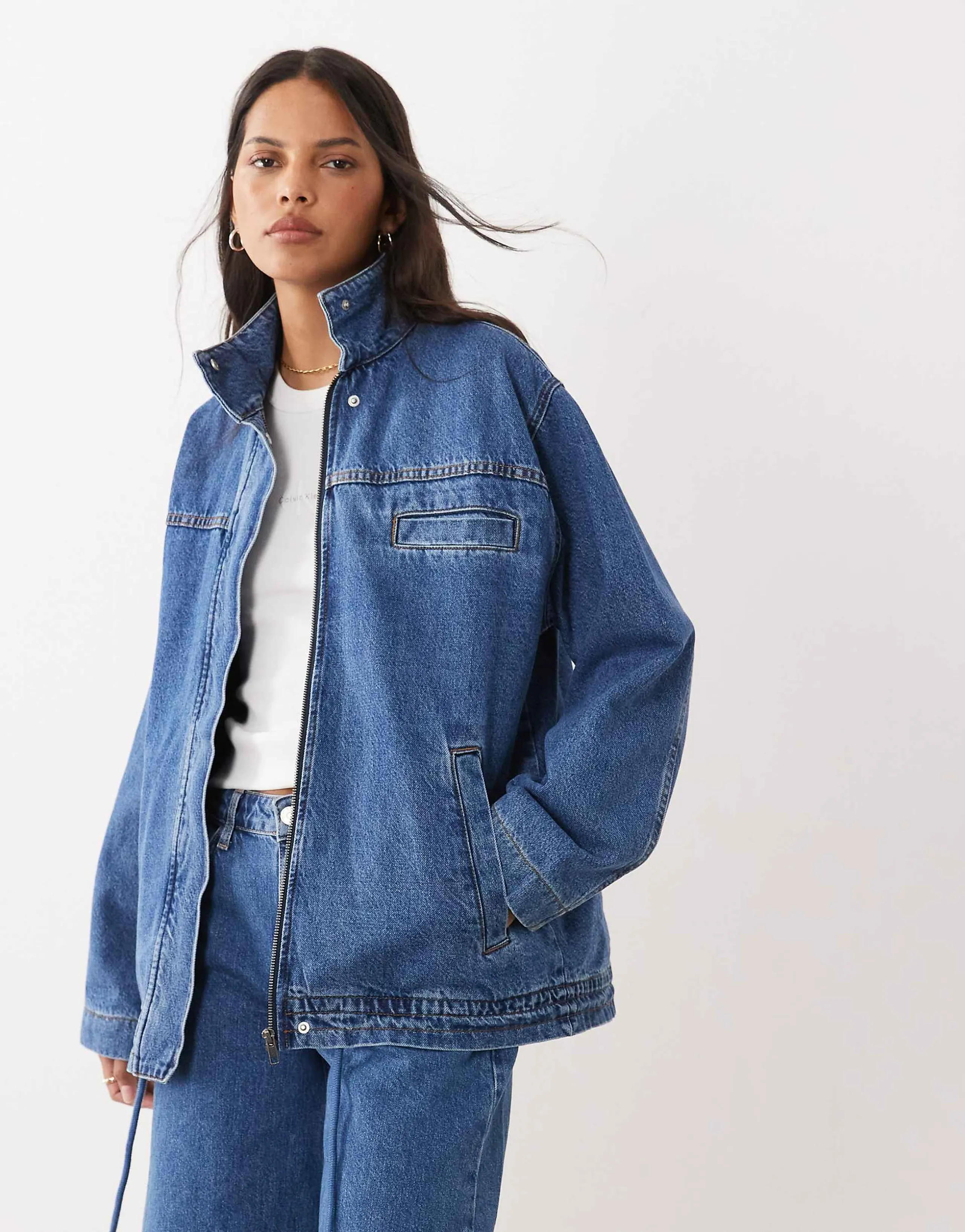 ASOS DESIGN denim funnel neck jacket in mid blue
