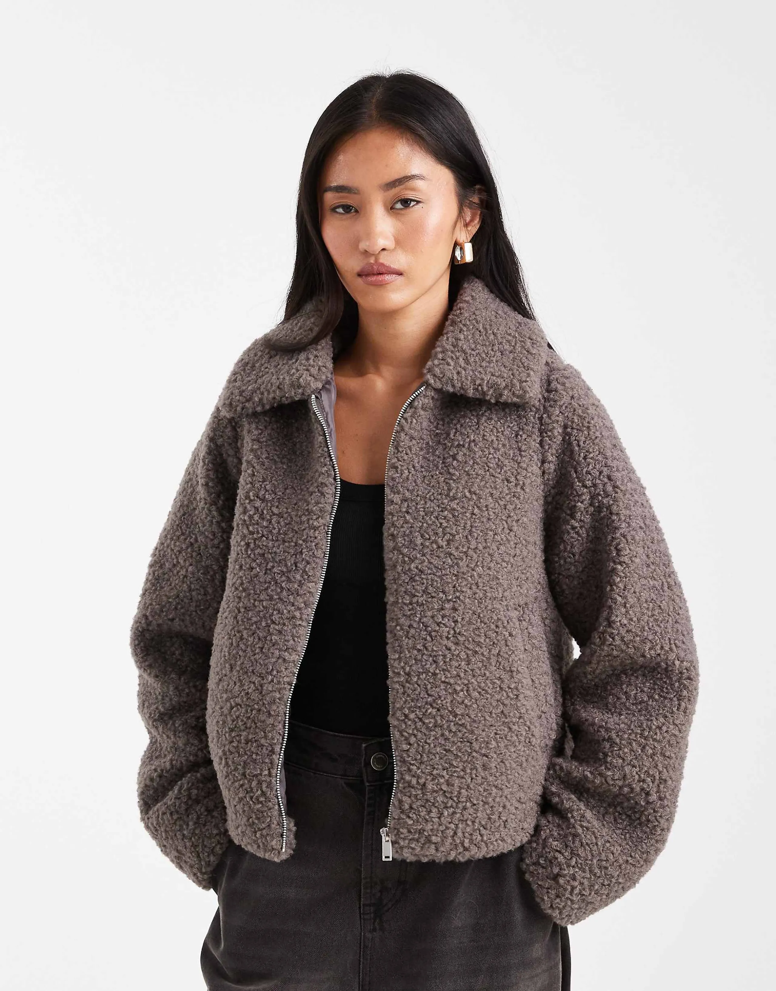 Threadbare short teddy jacket in gray