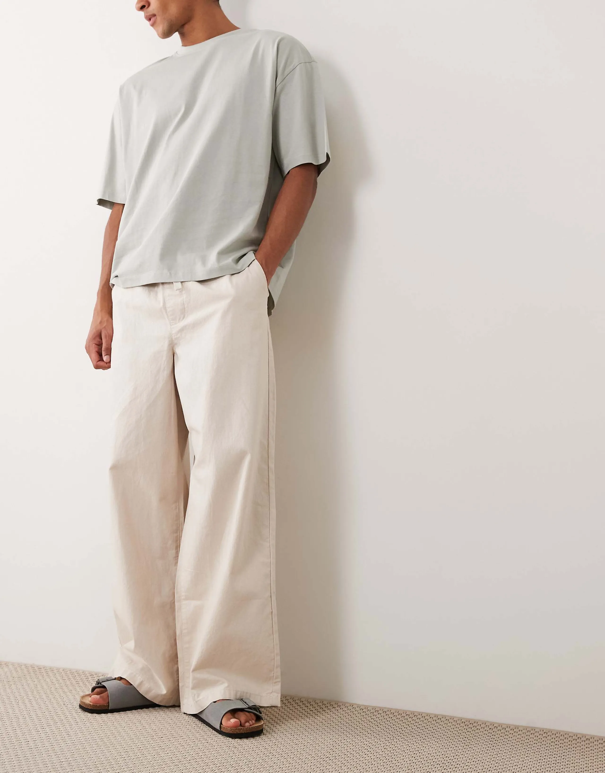 ASOS DESIGN loose linen blend pants in stone