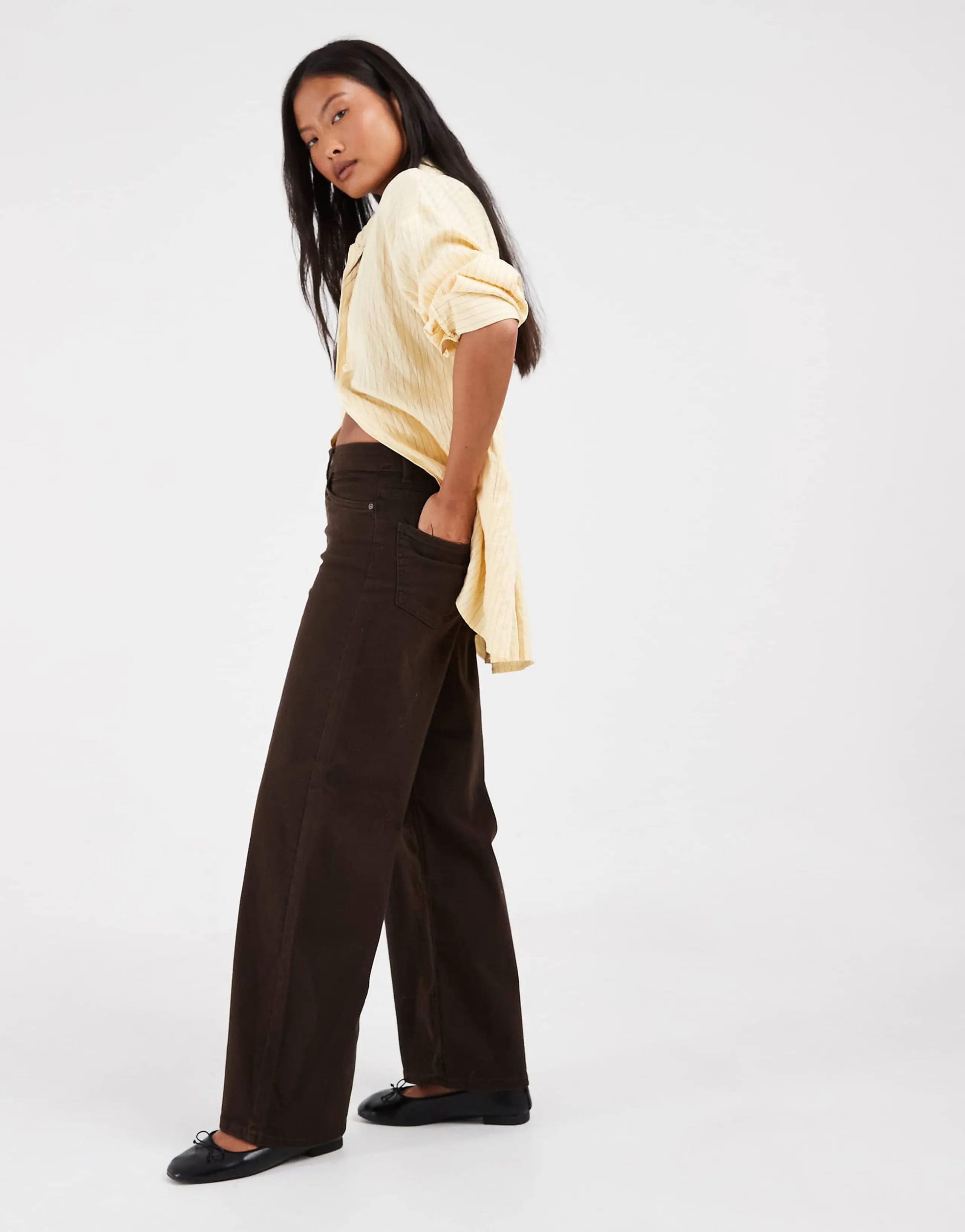 ONLY Petite Blush high waist wide leg jeans in dark brown