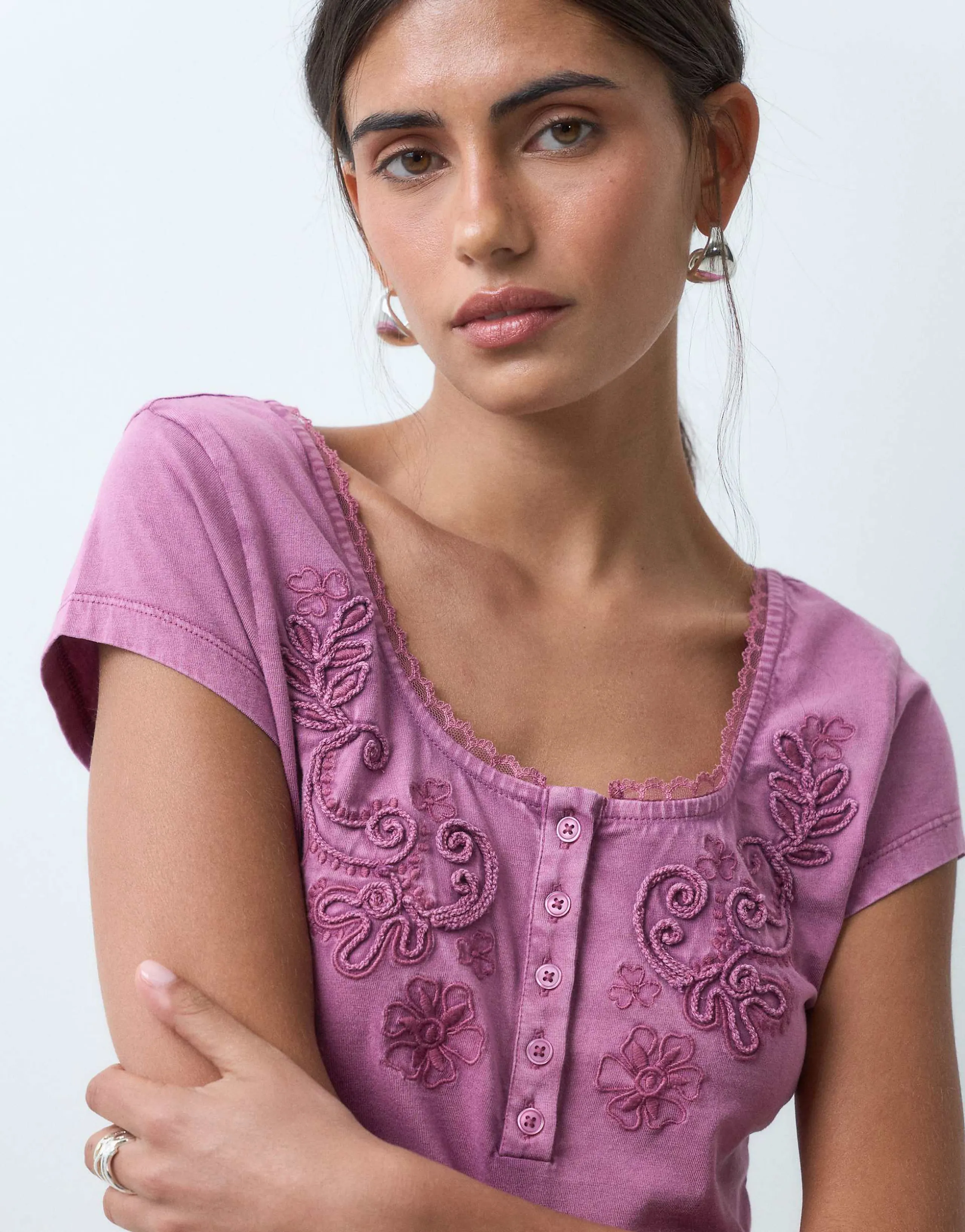 Miss Selfridge square neck henley top with embroidery detailing in mauve