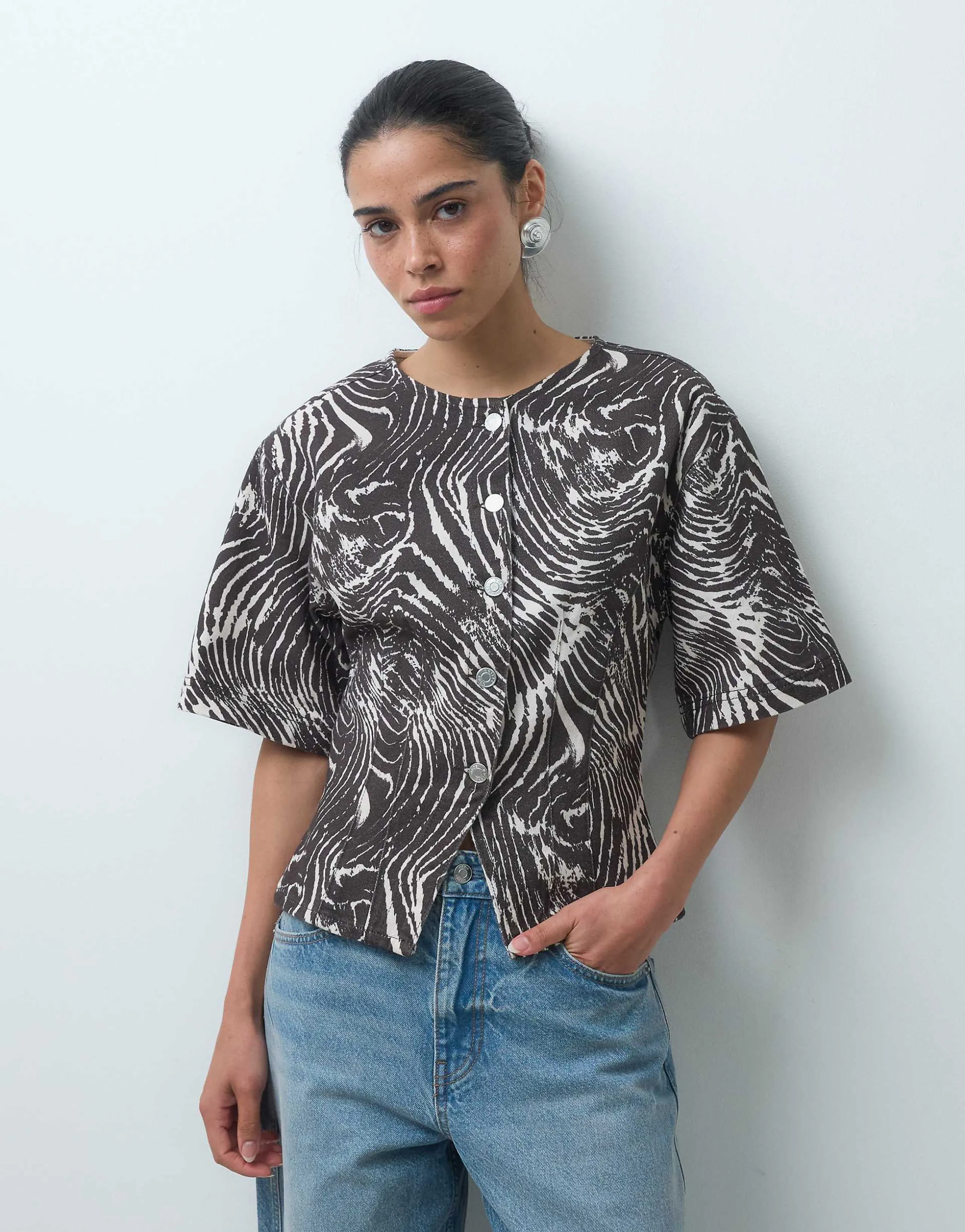 ASOS DESIGN denim cinched shirt in zebra print - part of a set
