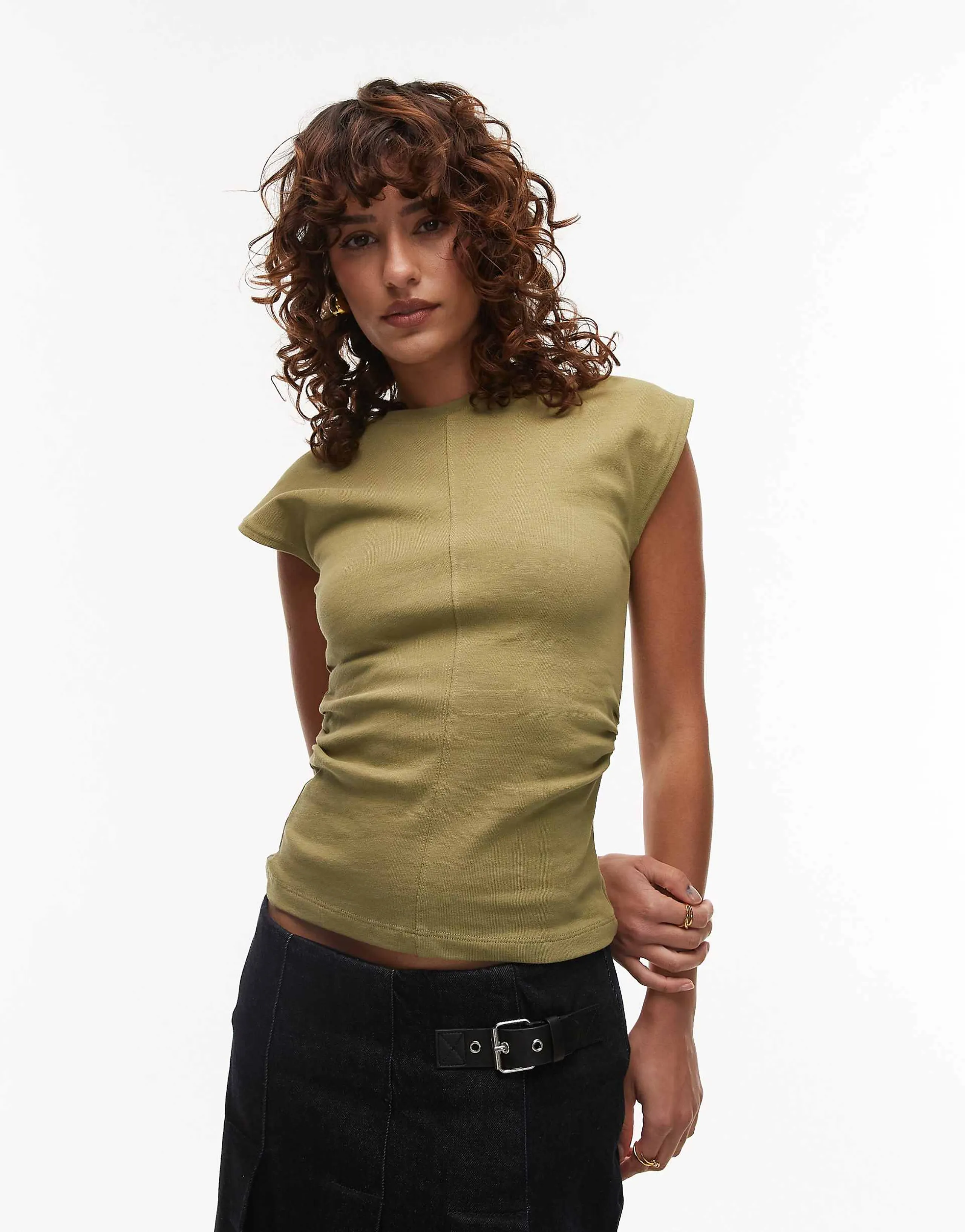 Topshop cinch waist structured top in light khaki green