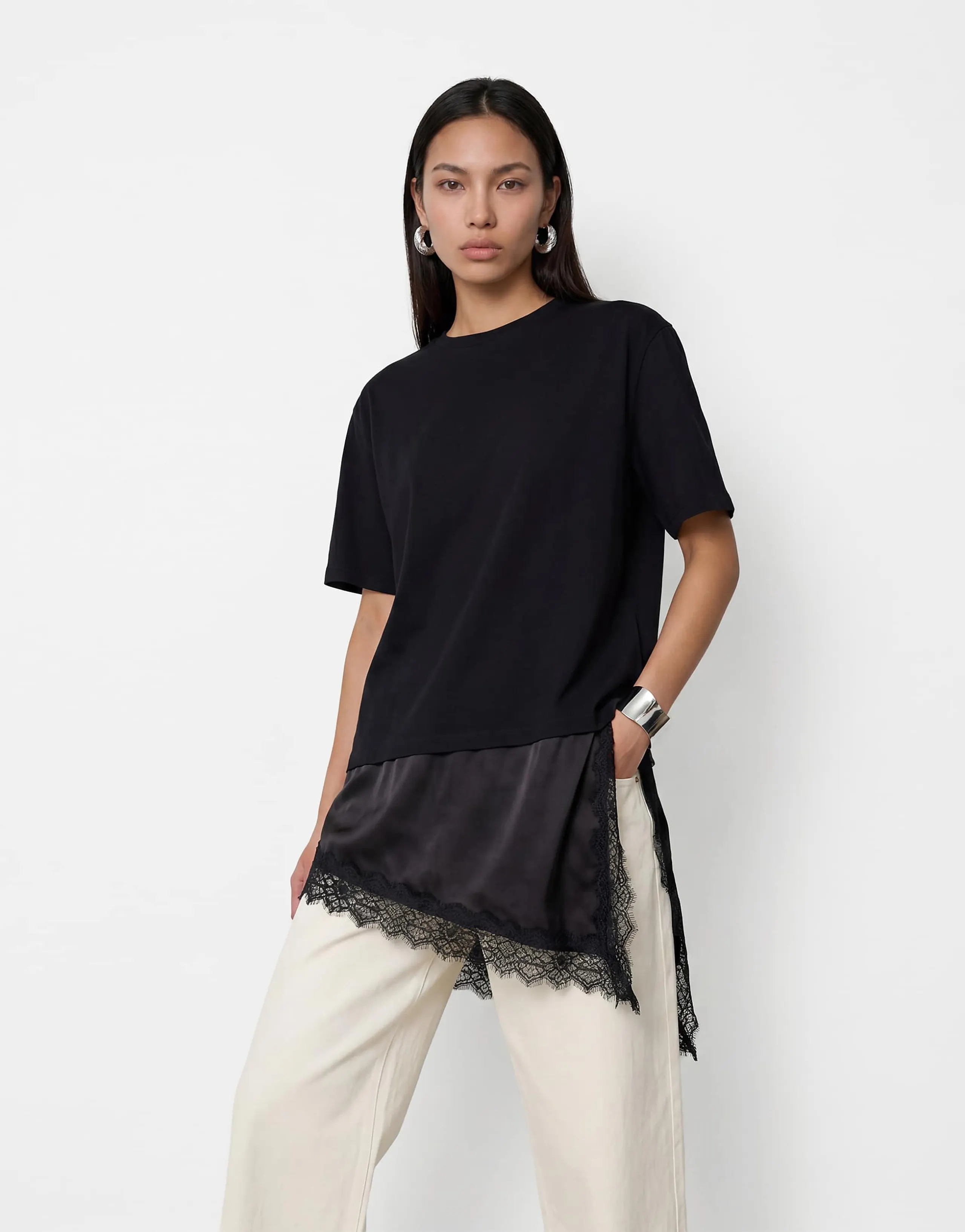 Noisy May oversized asymmetric t-shirt with satin detailing in black