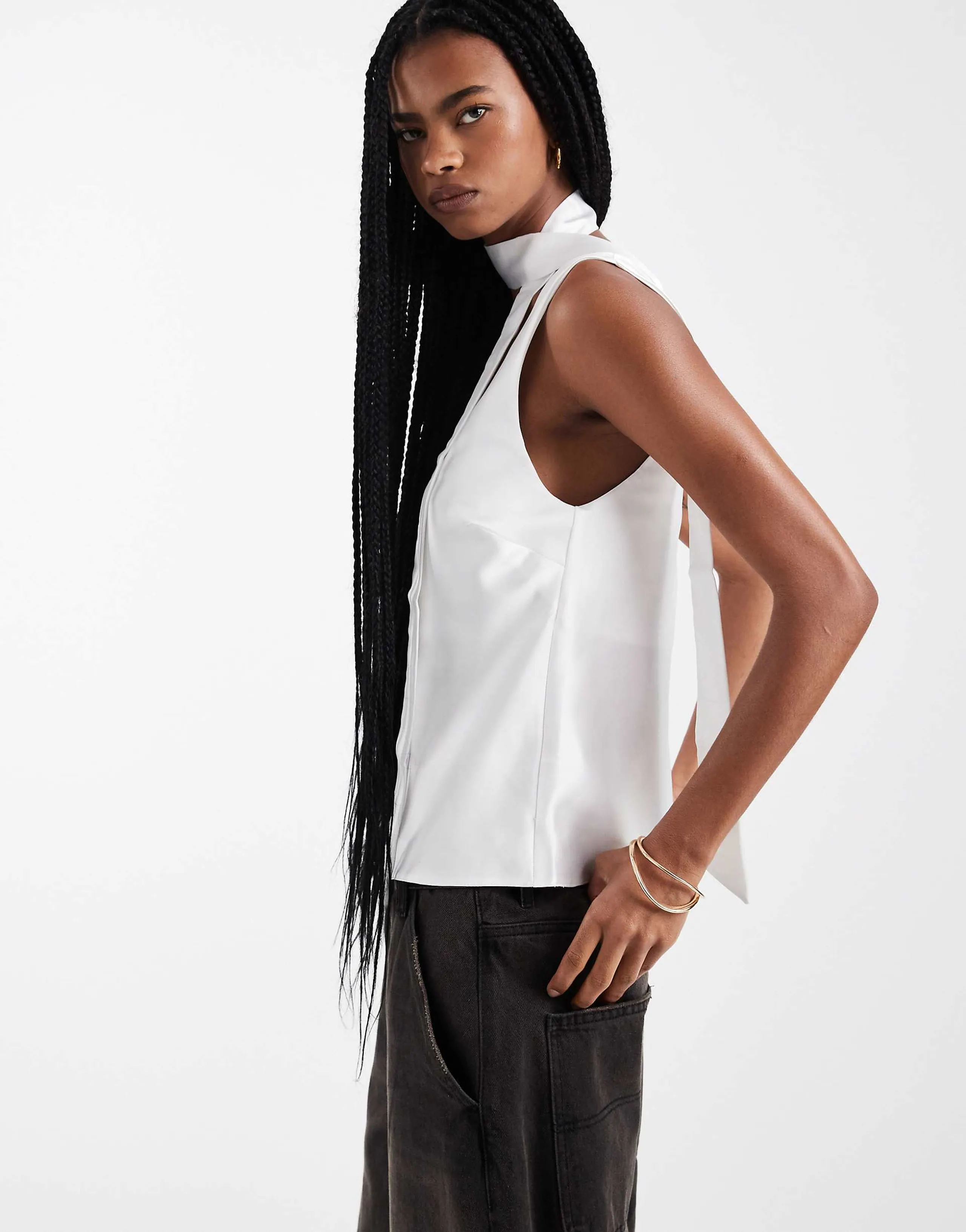 ASOS DESIGN satin cami with scarf in ivory