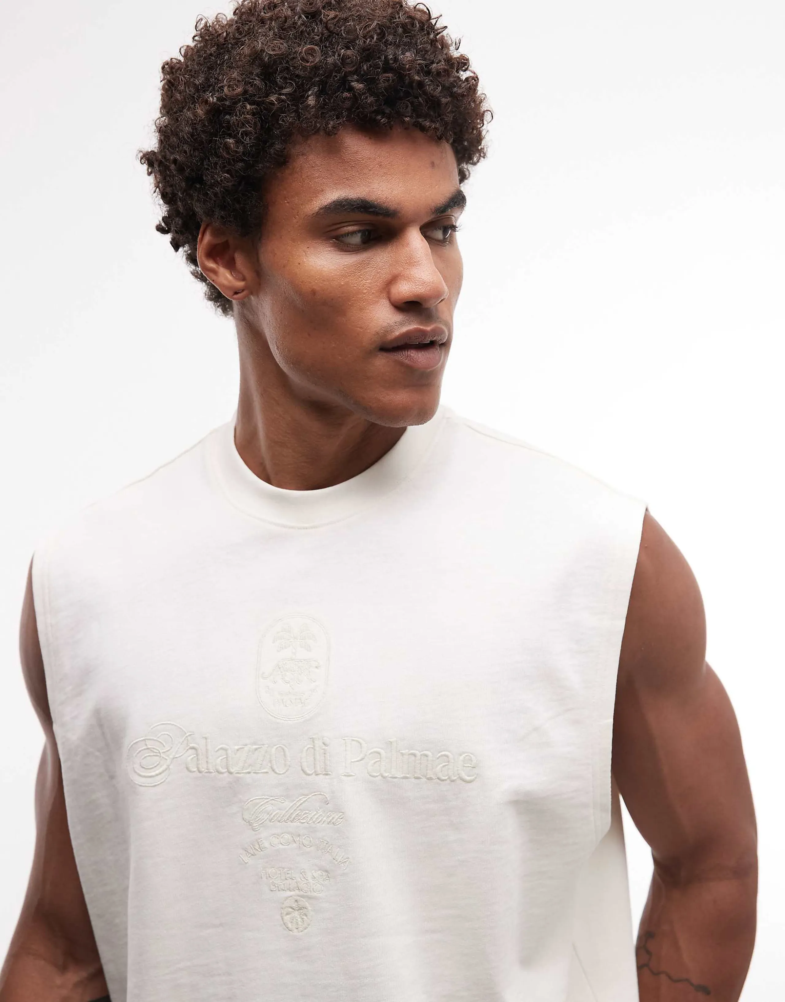 ASOS DESIGN super heavyweight oversized tank with front text print in beige