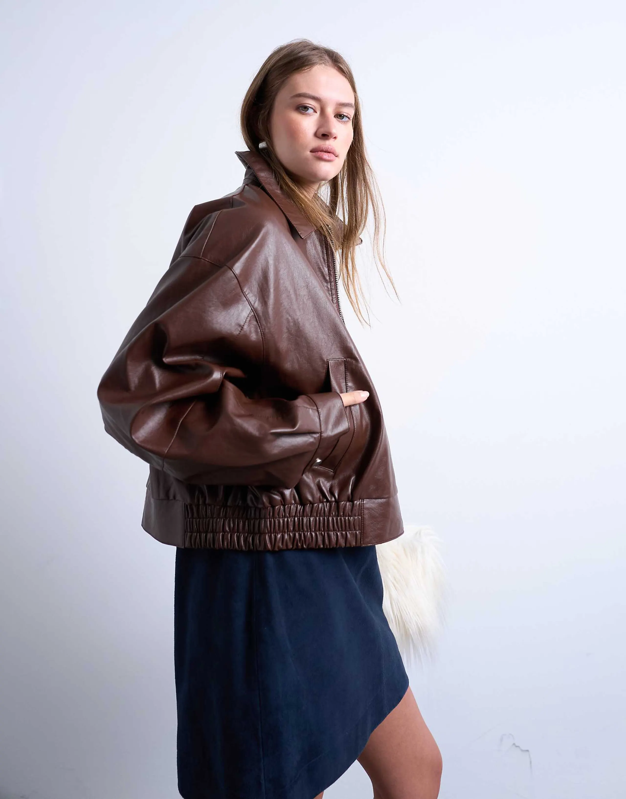 Topshop oversized faux leather dropped shoulders cropped zip up jacket in chocolate