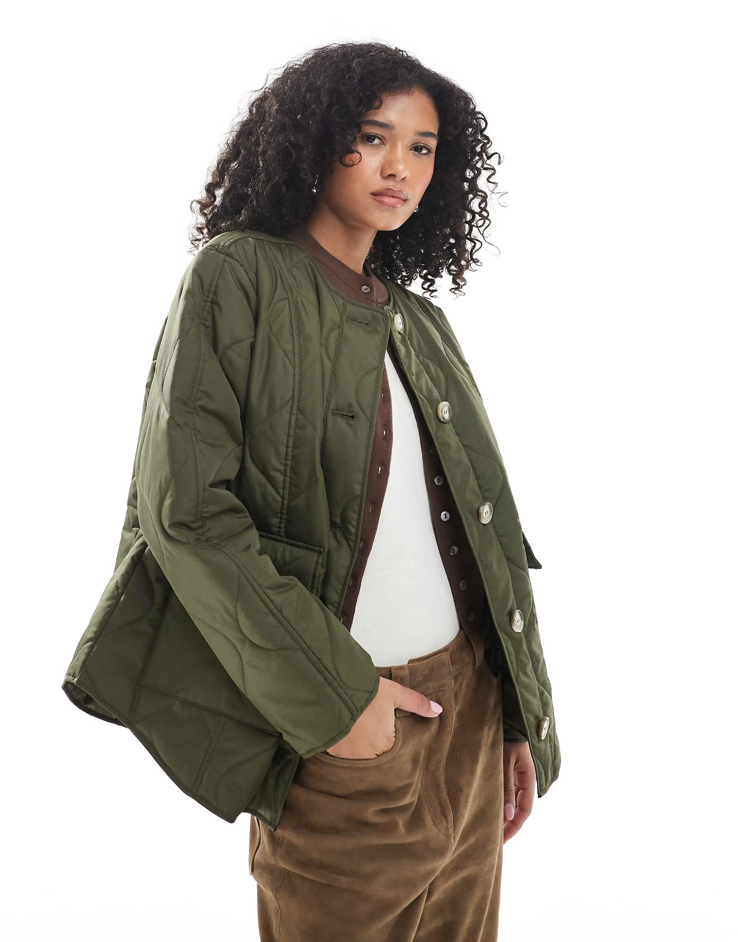 Vero Moda onion quilted short jacket with pockets in green