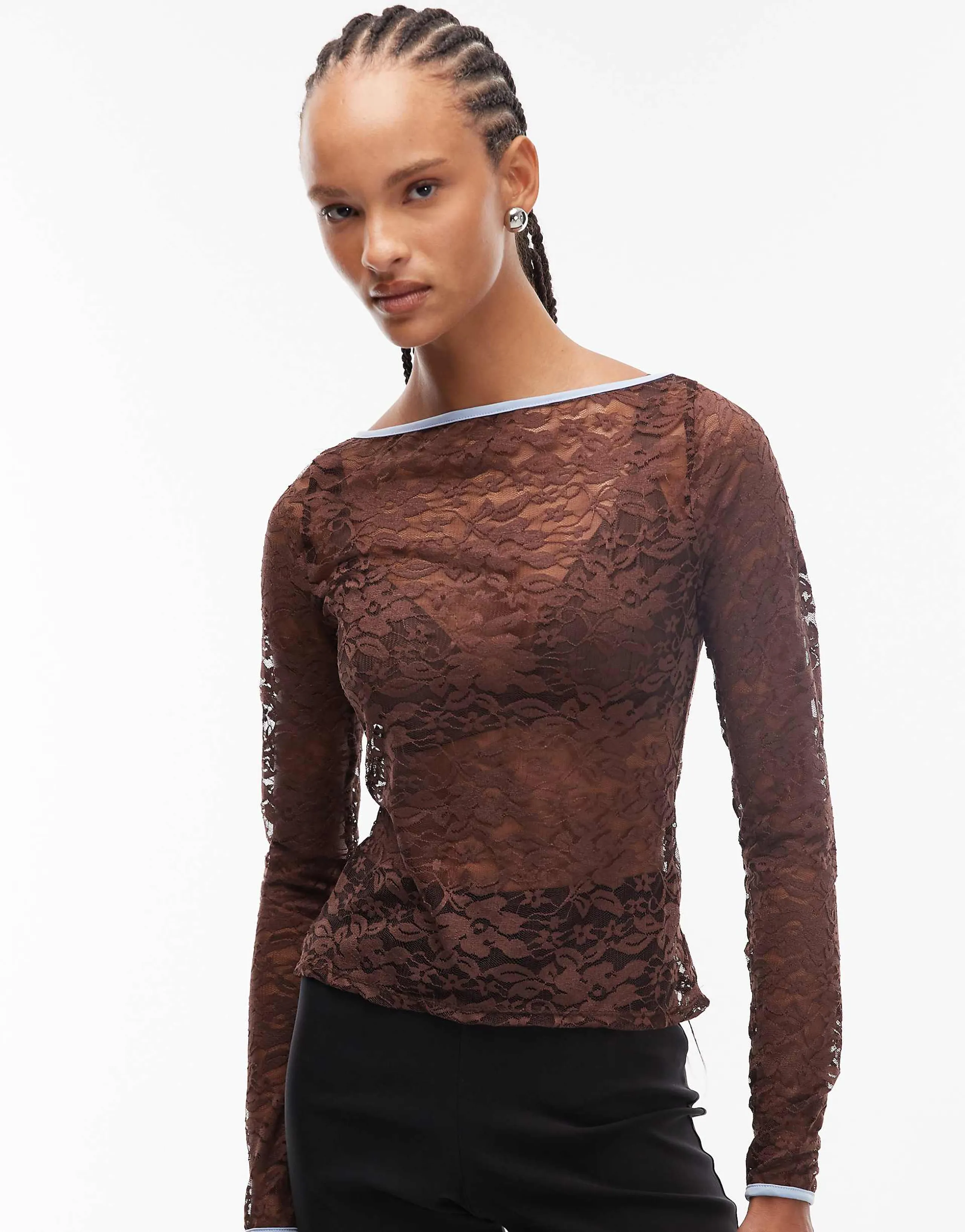 Reclaimed Vintage long sleeve top in chocolate brown lace 