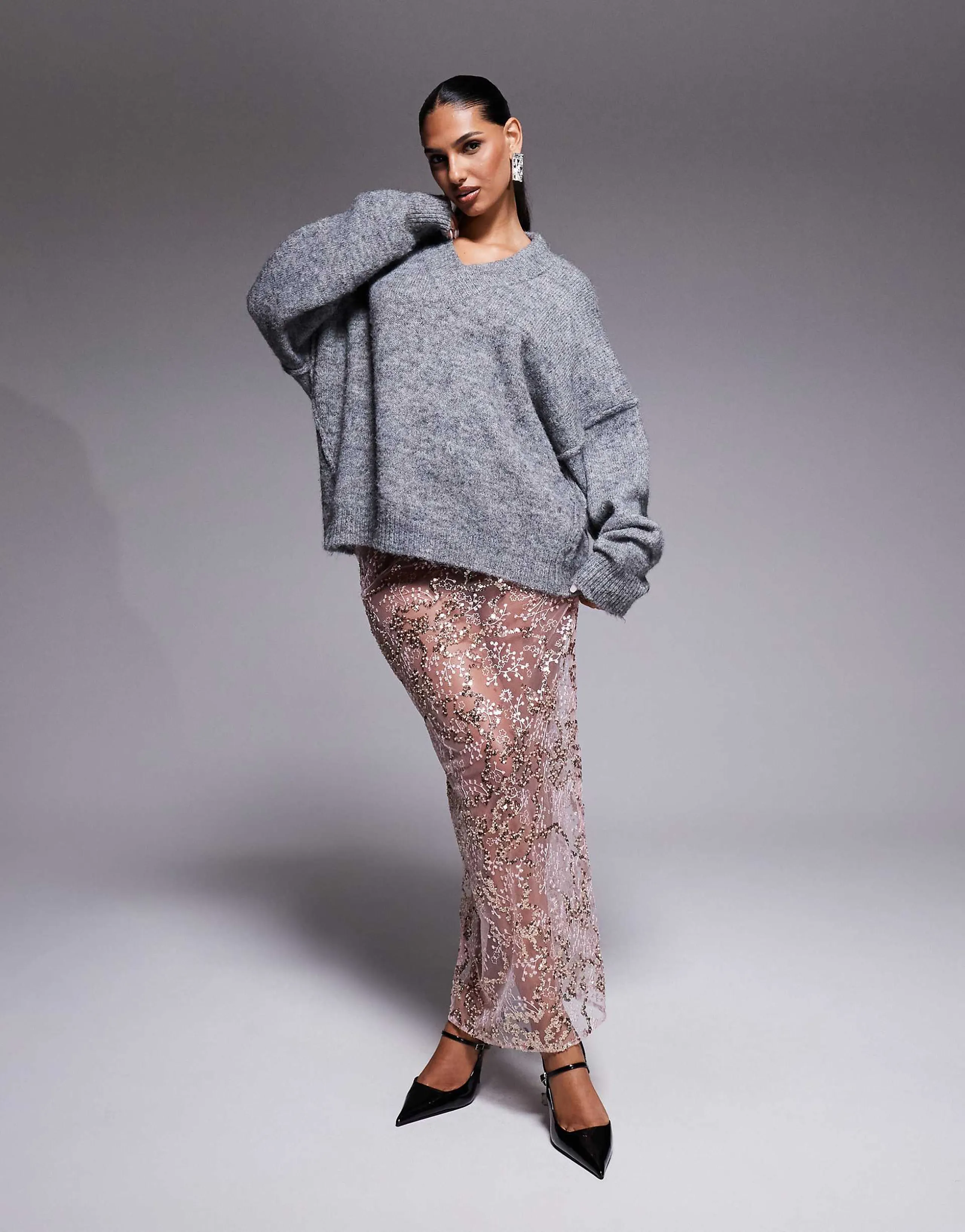 ASOS DESIGN delicate lace scatter sequin maxi skirt in pink