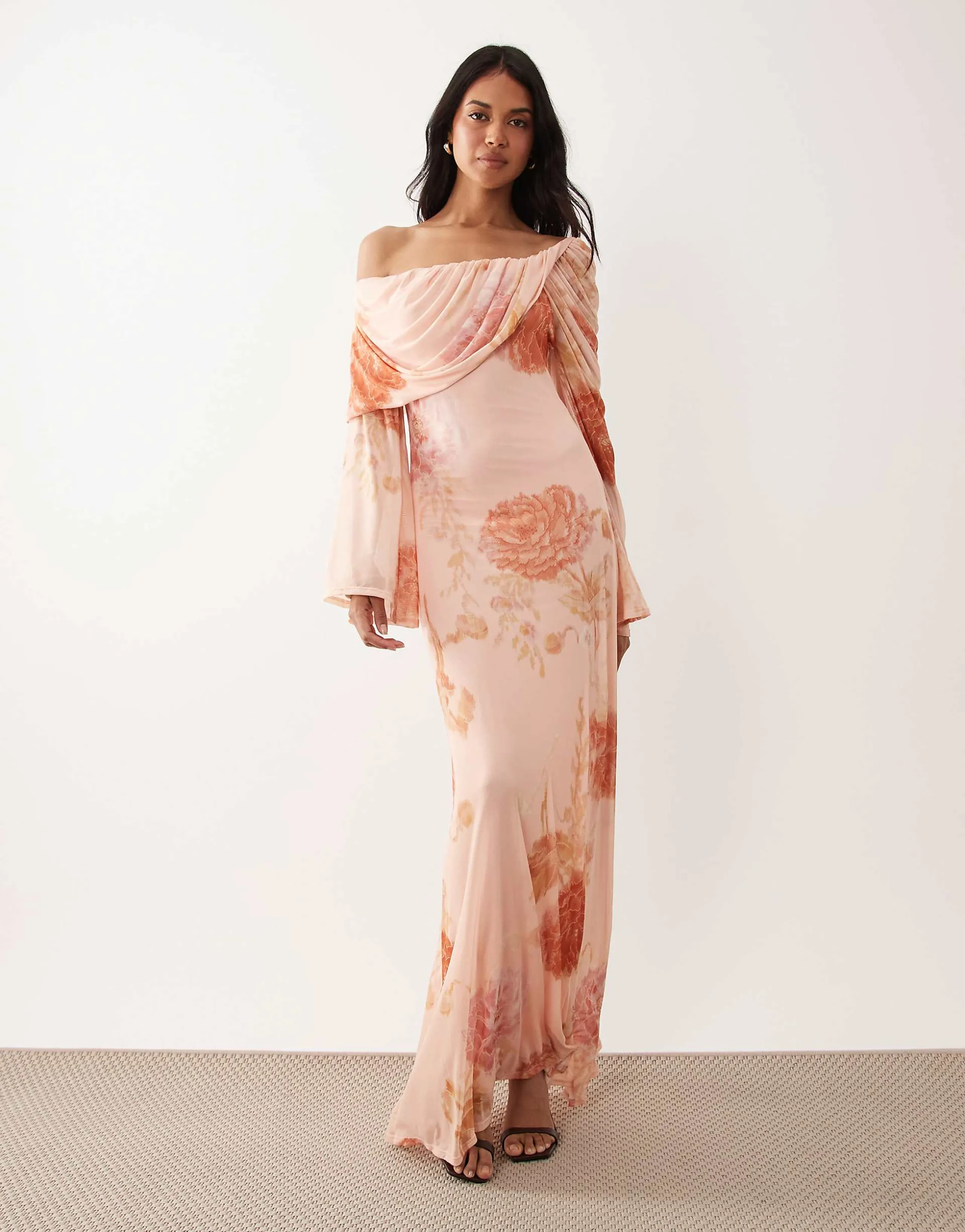 ASOS DESIGN printed off the shoulder draped neck long sleeve maxi dress in pink floral