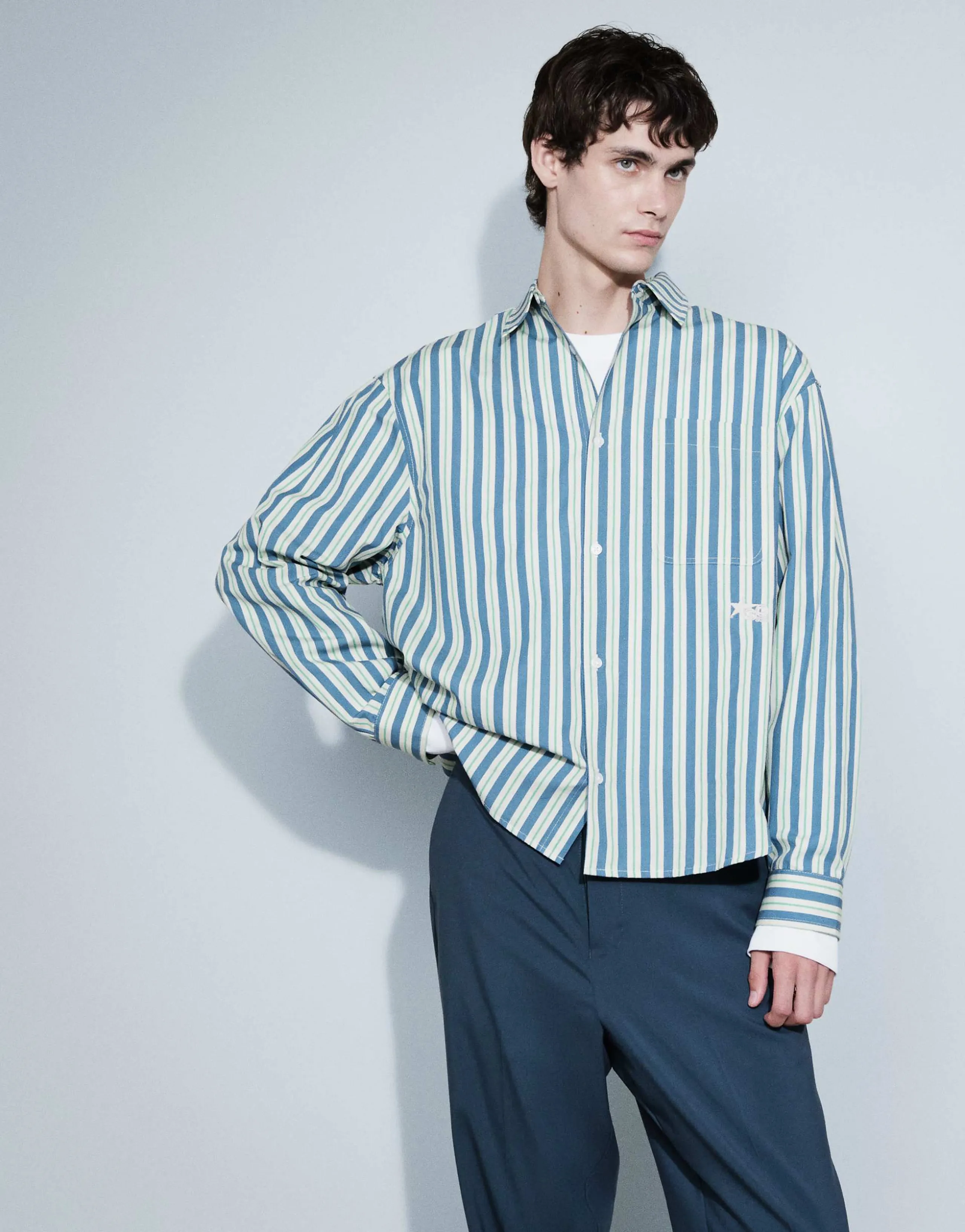 ASOS DESIGN oversized poplin striped shirt with chest embroidery in blue