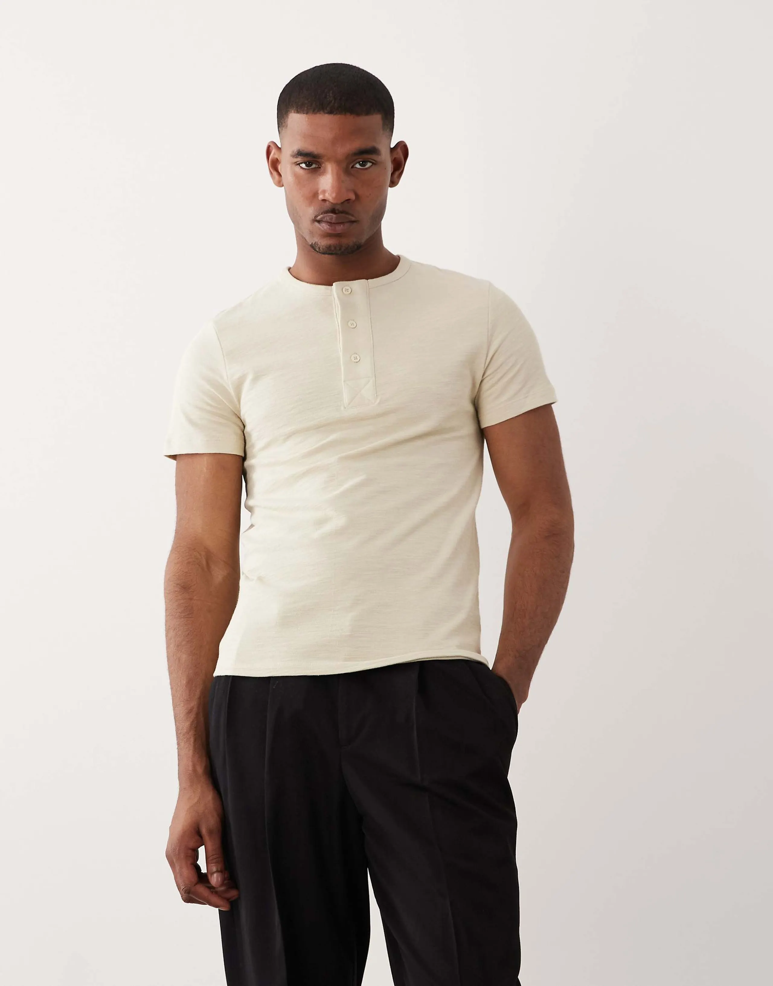 ASOS DESIGN slim T-shirt with henley neck in stone slub texture 