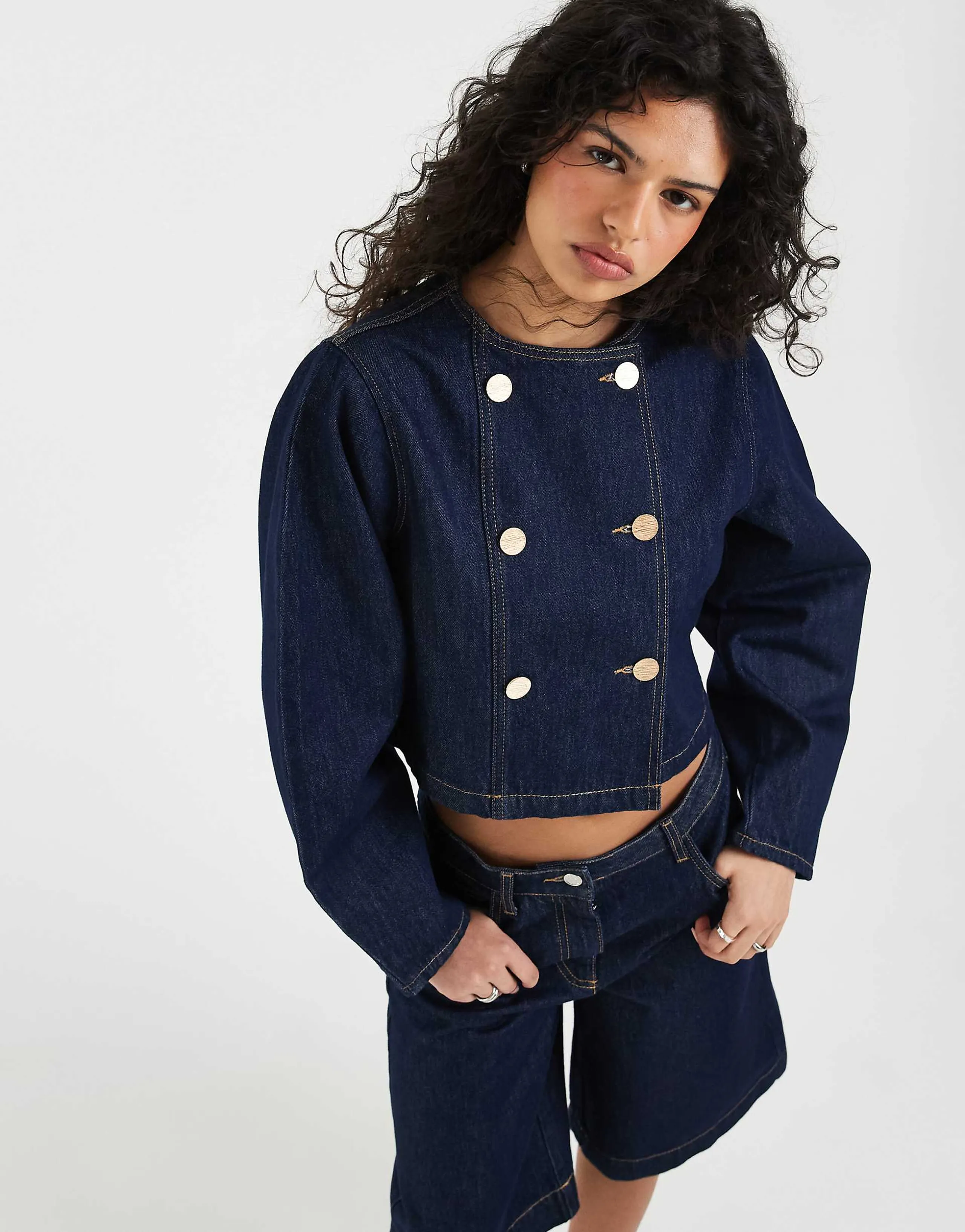 ASOS DESIGN denim double breasted cocoon sleeve jacket in indigo