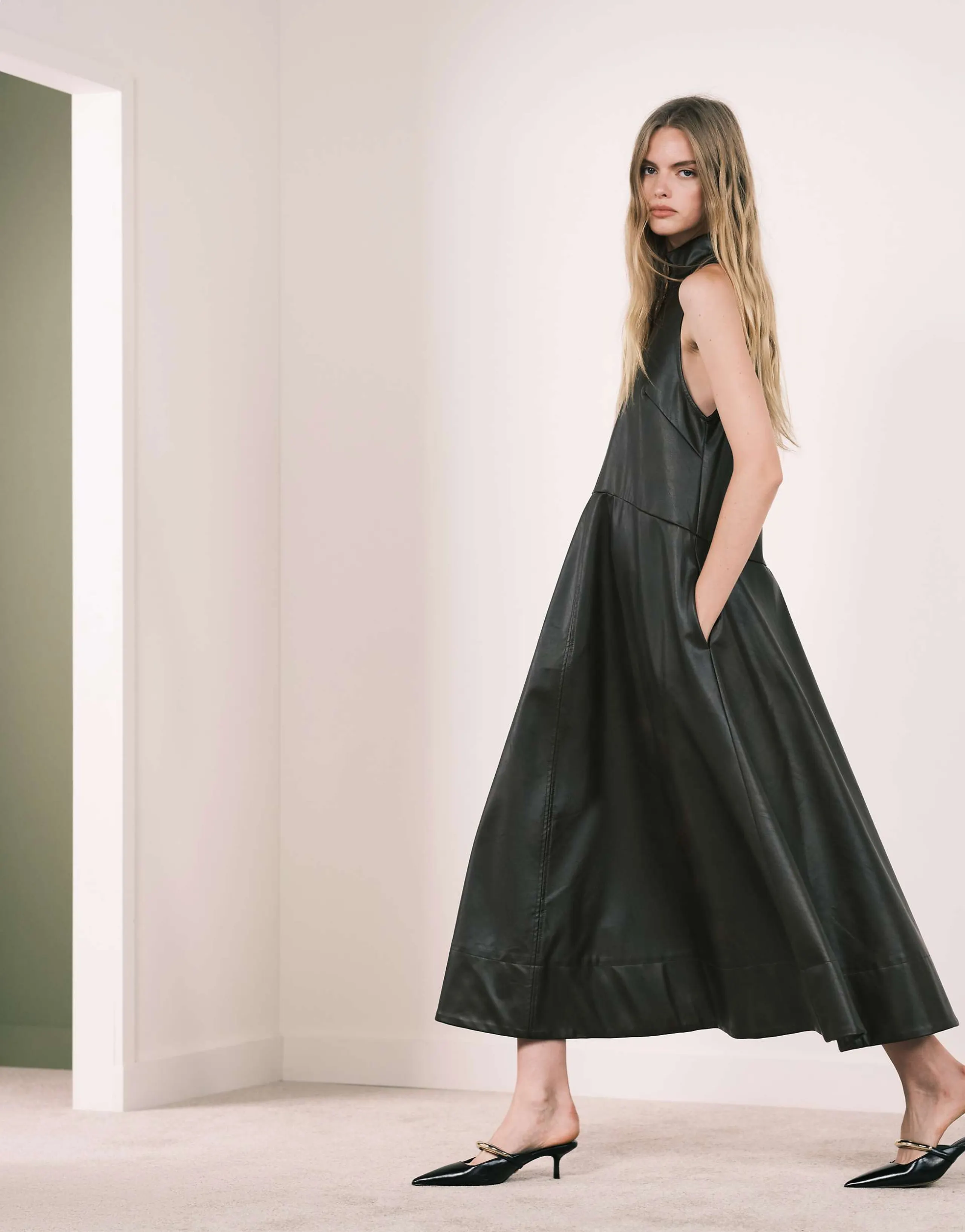 ASOS DESIGN high neck leather look maxi dress with stitching details in vintage brown
