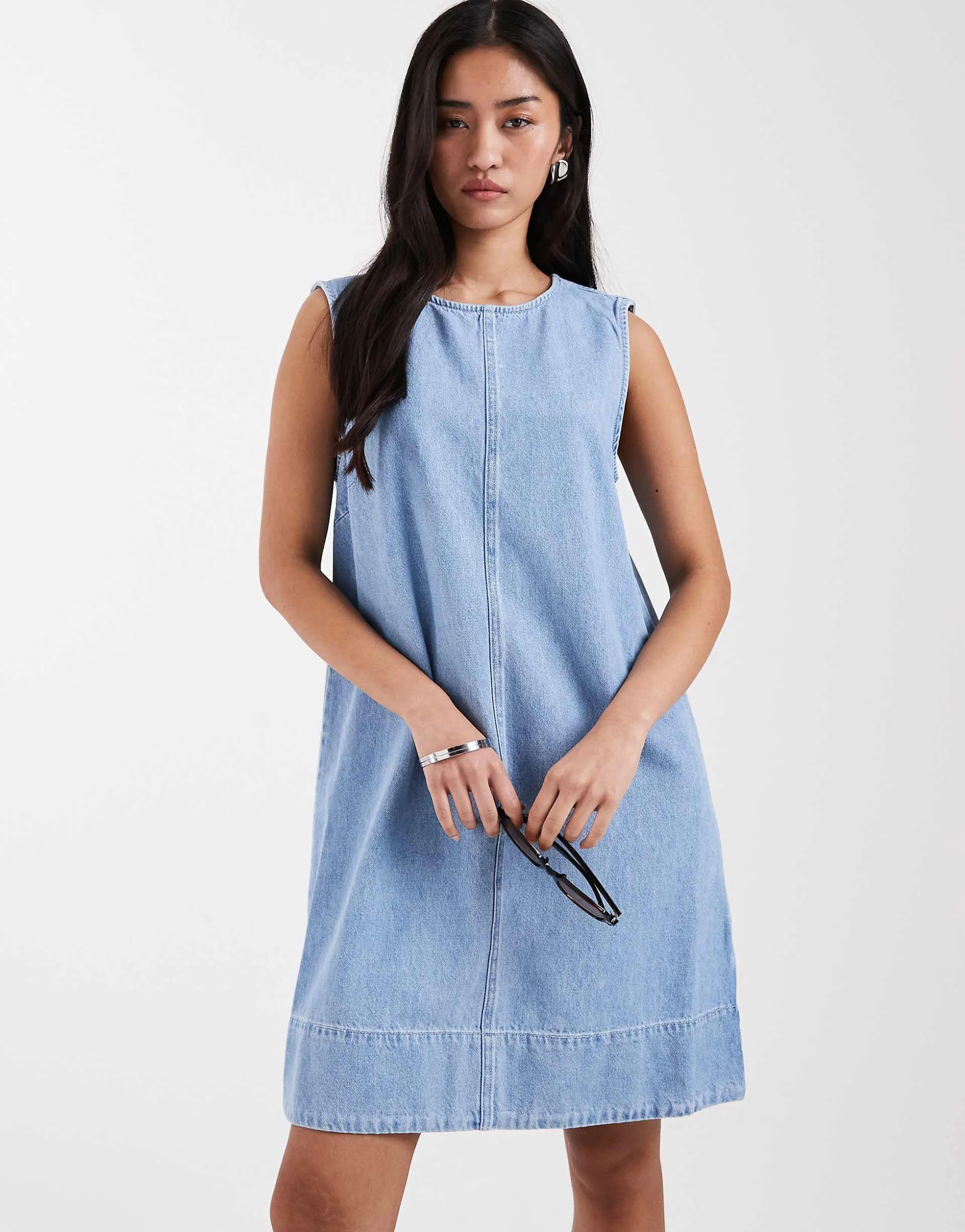 Pieces denim sleeveless mini dress in light blue