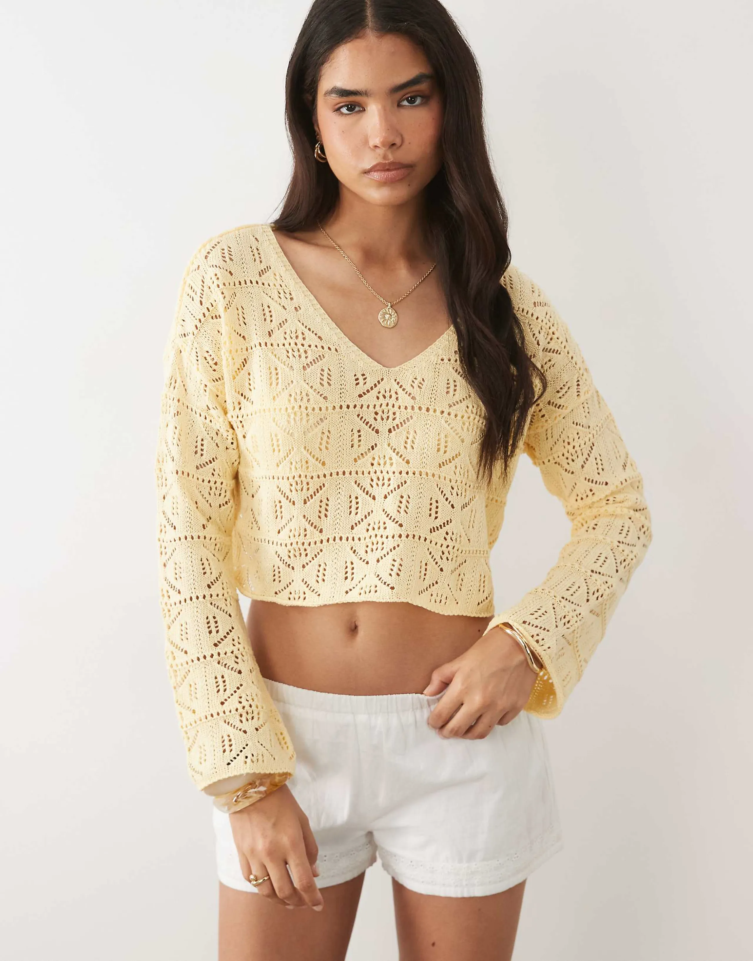 Miss Selfridge crochet slouchy sweater in yellow
