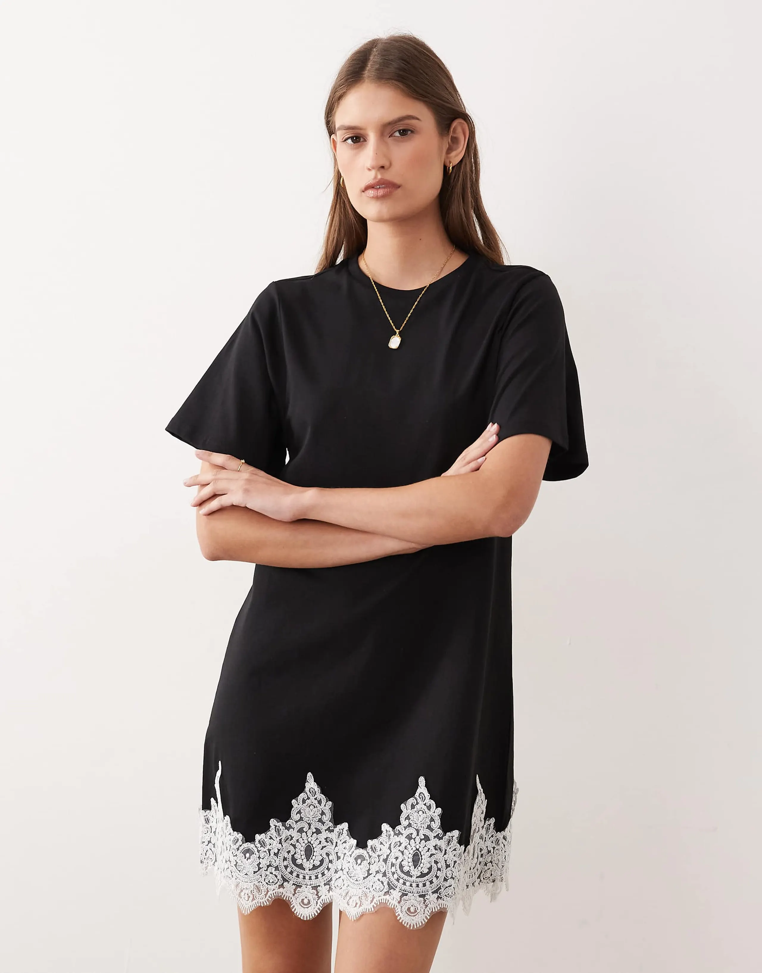 ASOS DESIGN short sleeve mini dress with lace trim hem in black