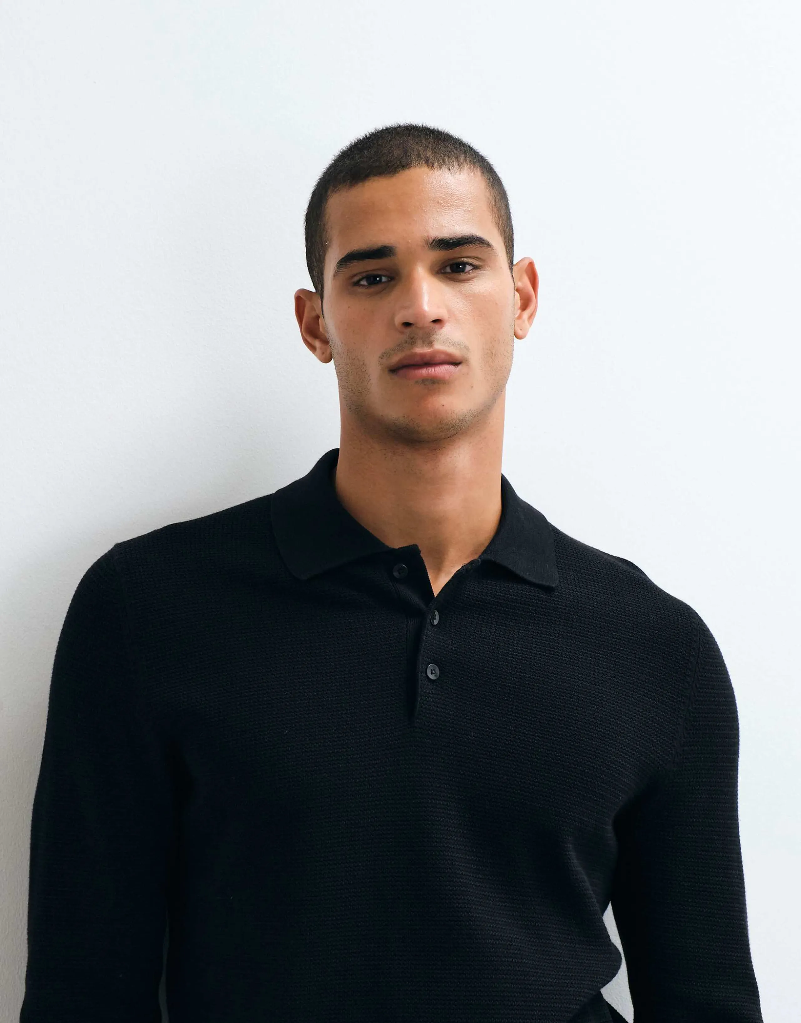 Mango cotton rich knit polo top in black