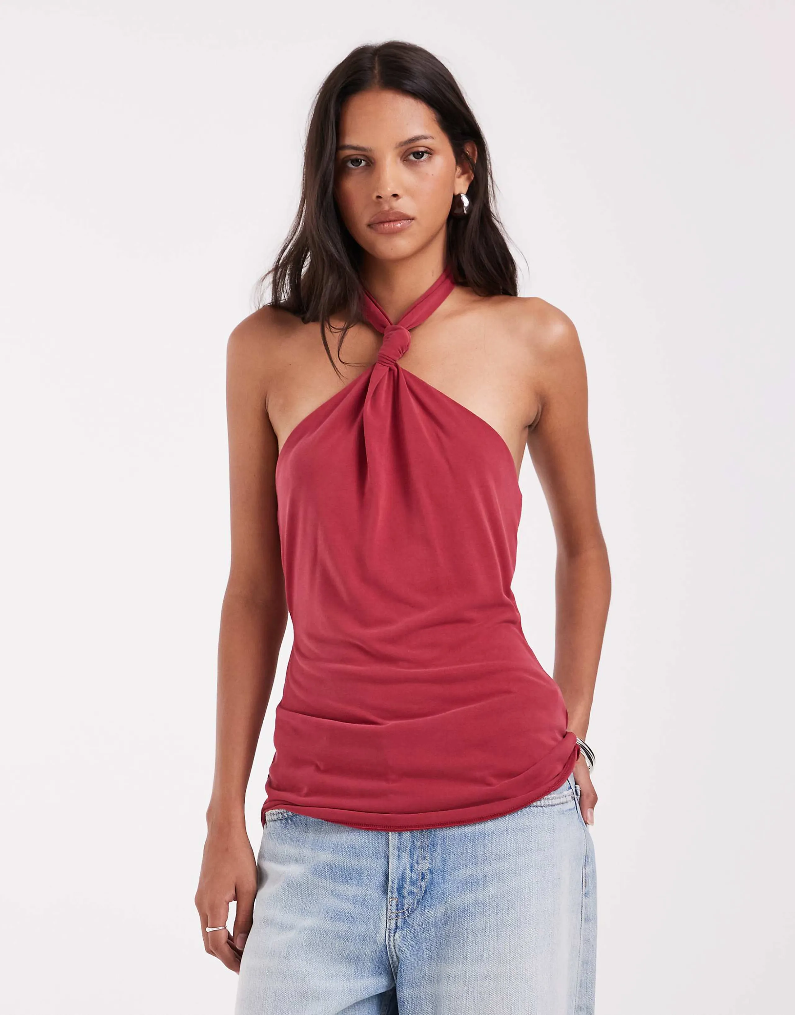 ASOS DESIGN modal halter knot detail top in deep red