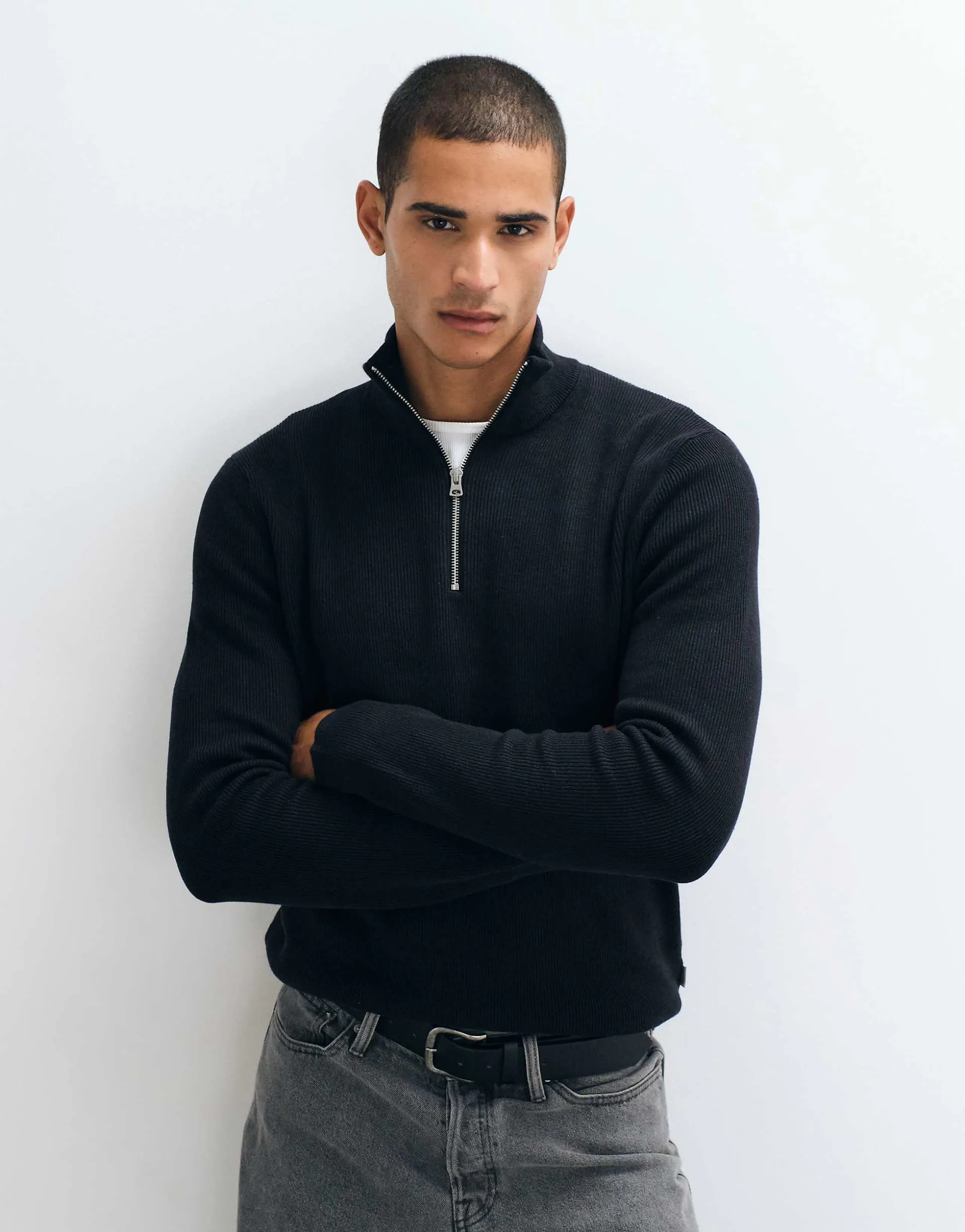 ONLY & SONS ribbed half zip sweater in black