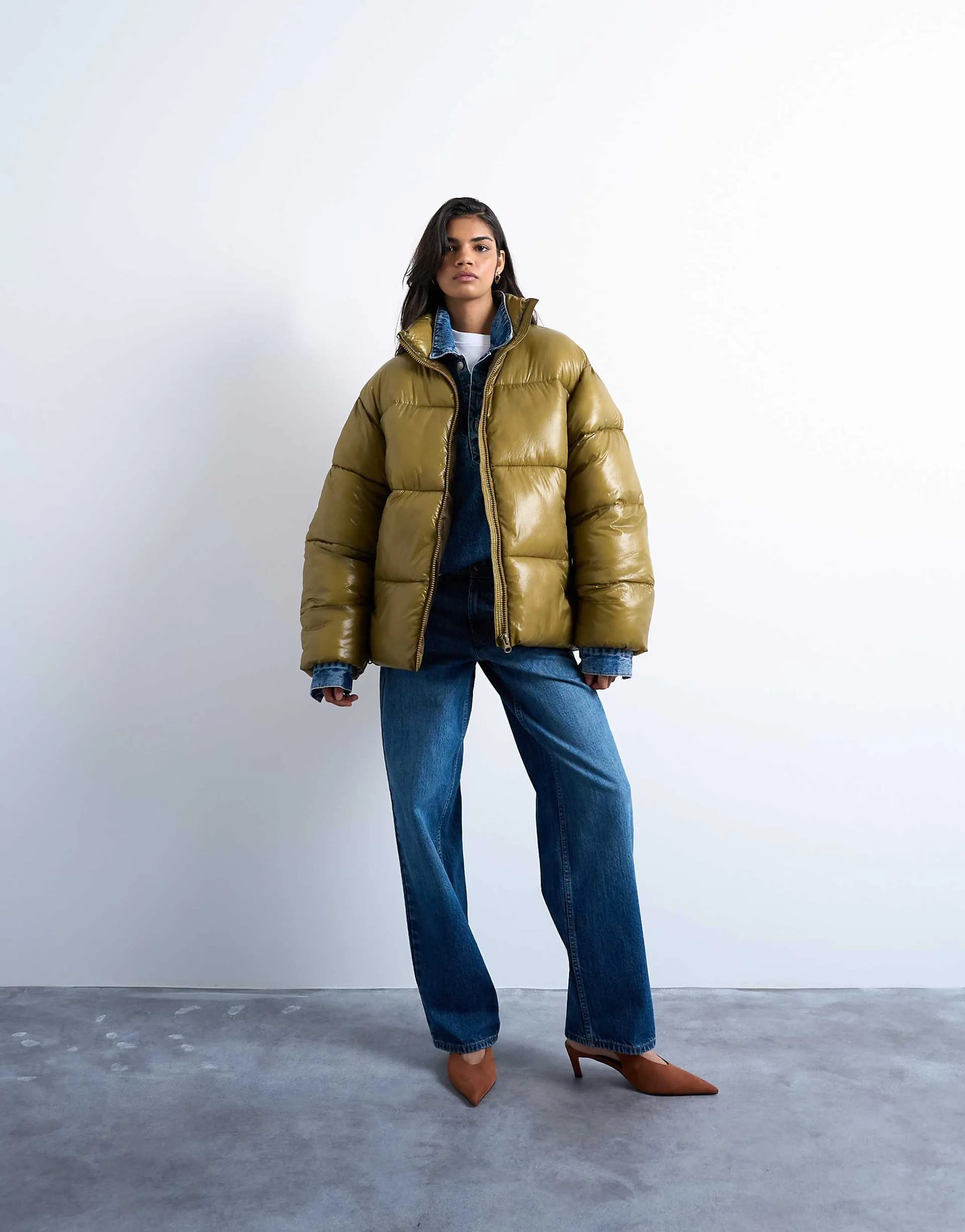 Topshop high shine mid length puffer jacket in khaki