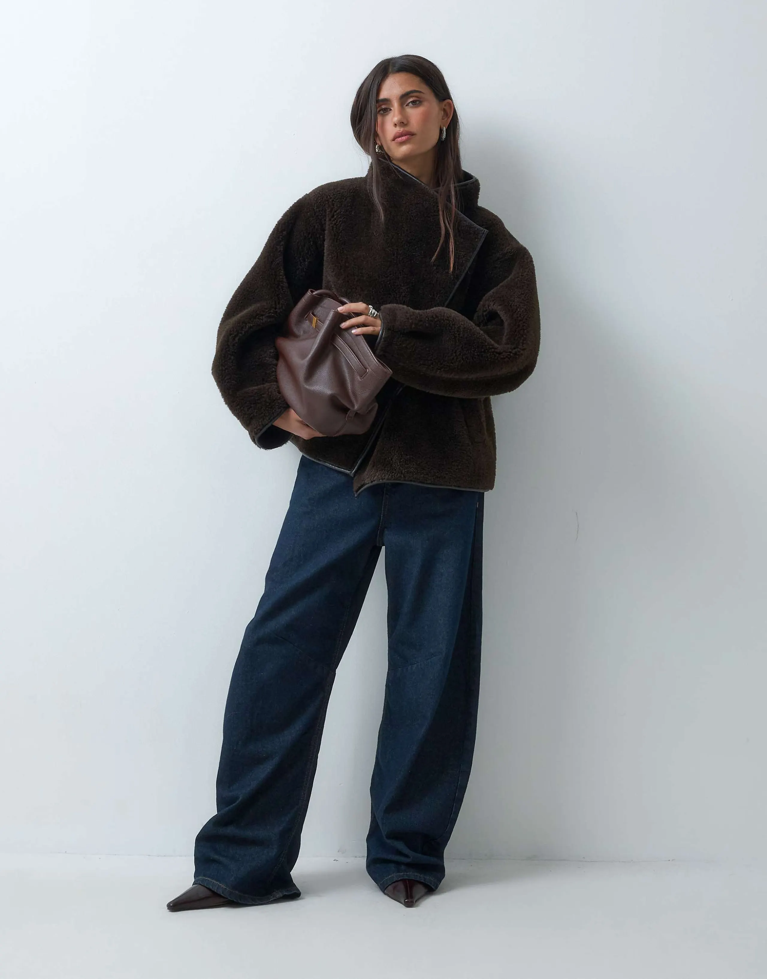 ASOS DESIGN asymmetric funnel neck short borg jacket in chocolate