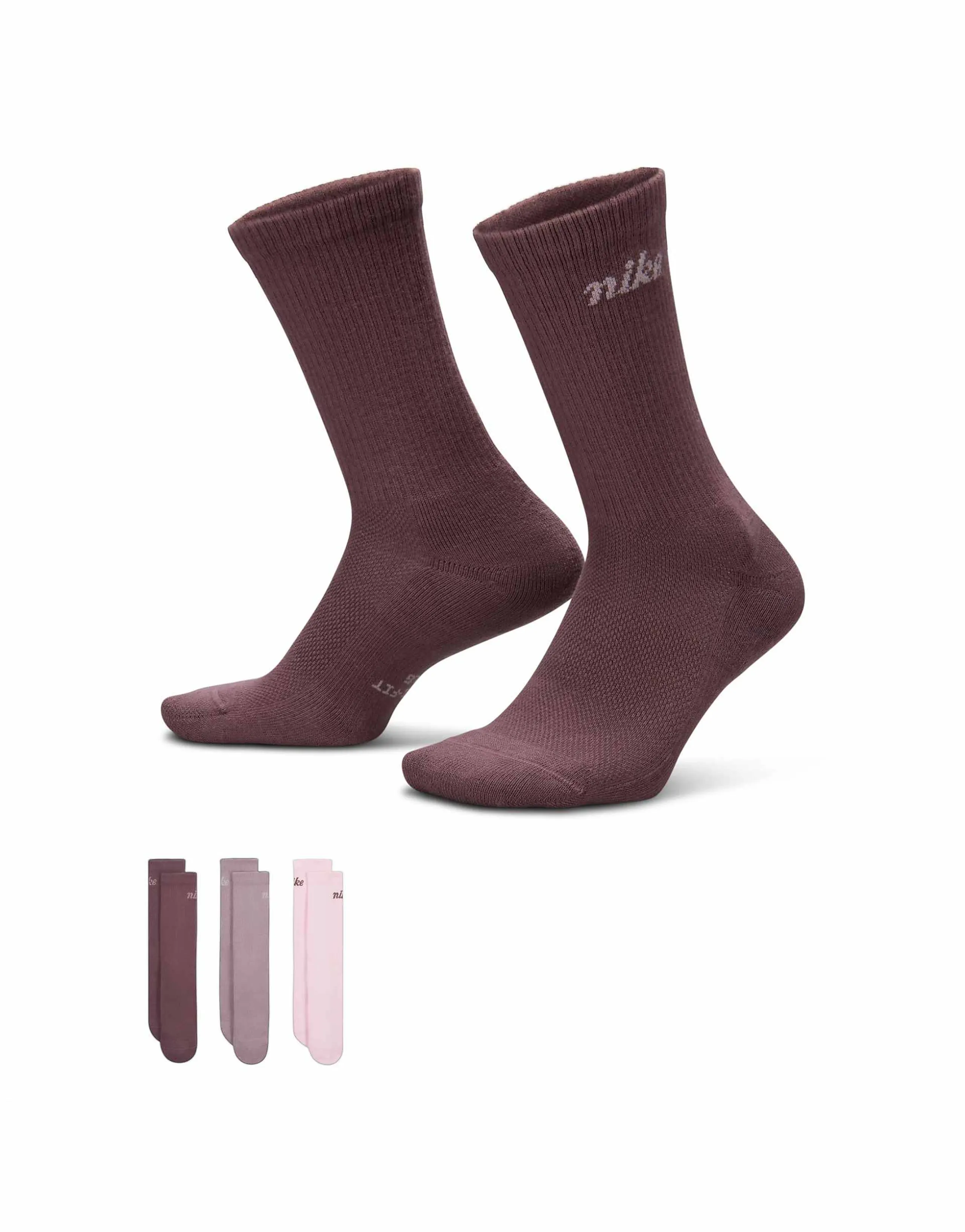 Nike Everyday 3 pack crew socks in pink and brown 